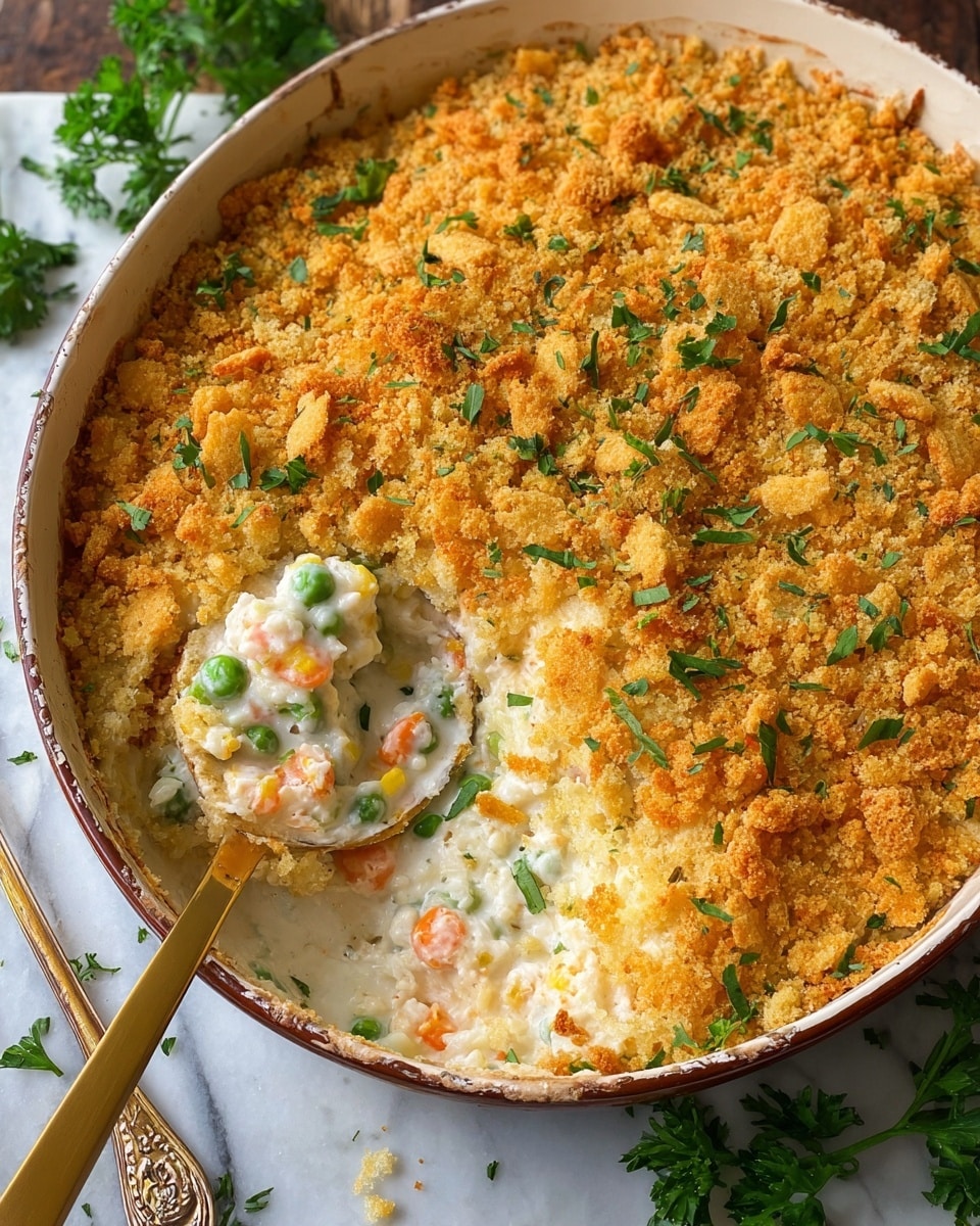 A round white pan filled with a creamy casserole showing four layers: a golden brown crumb topping with a rough, crunchy texture and green parsley sprinkles on top; below is a thick, slightly creamy white layer mixed with small orange carrot pieces and green peas; under that is a layer of chunky white meat pieces blended in with the creamy mixture; the bottom layer is thicker and denser, showing mashed potato-like white texture mixed with vegetables. A golden spoon is scooping a portion from the pan, placed on a white marbled surface with a red and white striped cloth nearby and some green herbs scattered around photo taken with an iphone --ar 4:5 --v 7