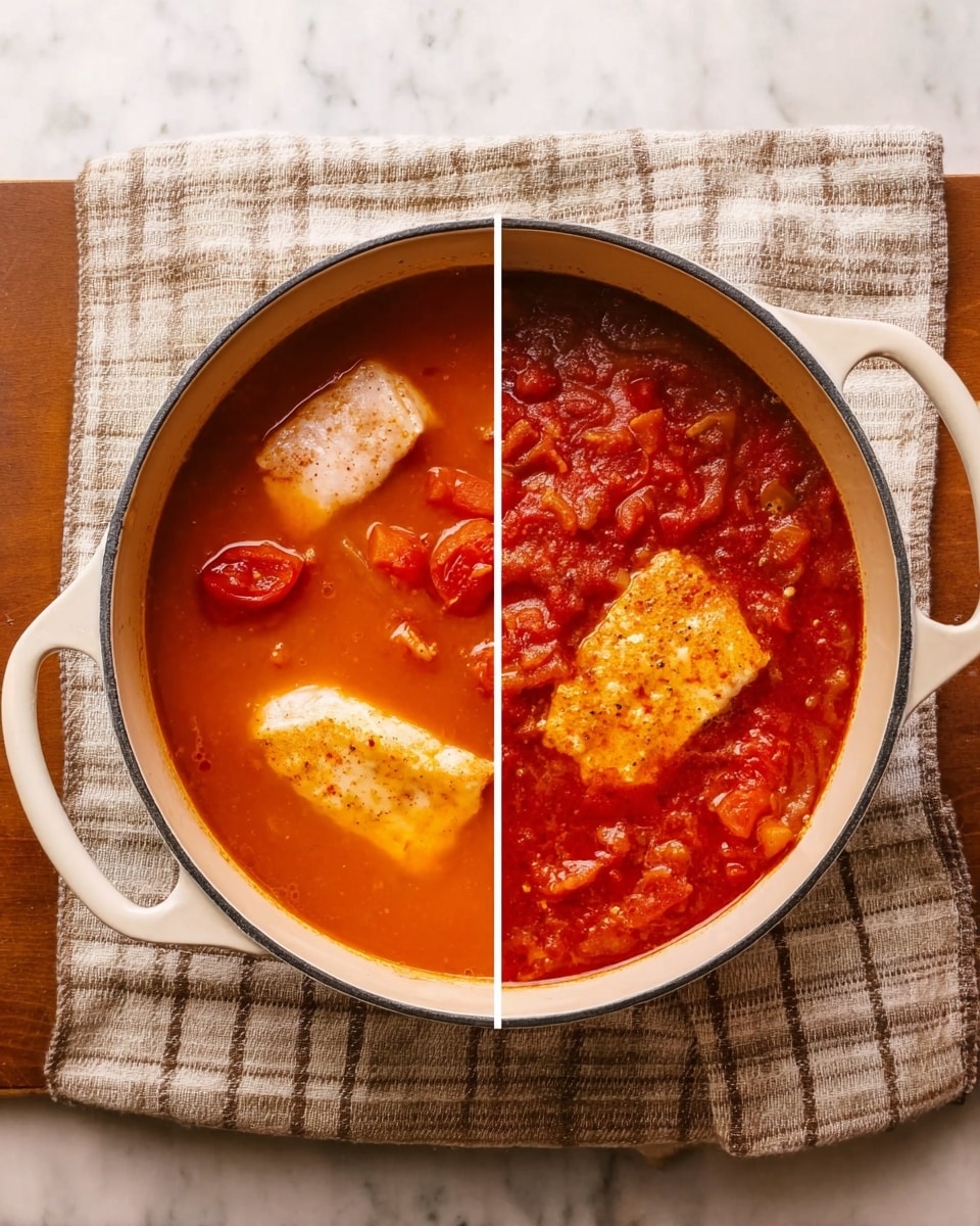 The image shows a white pot placed on a white marbled surface with a beige and gray checkered cloth underneath. Inside the pot, there are two stages of cooking: on the left side, there is a clear orange broth with two pieces of pale meat and some small red tomato pieces resting on top near the edge; on the right side, the broth has thickened to a deep red tomato sauce with visible bits of vegetables, and two cooked golden-brown pieces of meat sit on top, slightly submerged. The pot handles are visible on both sides. photo taken with an iphone --ar 4:5 --v 7