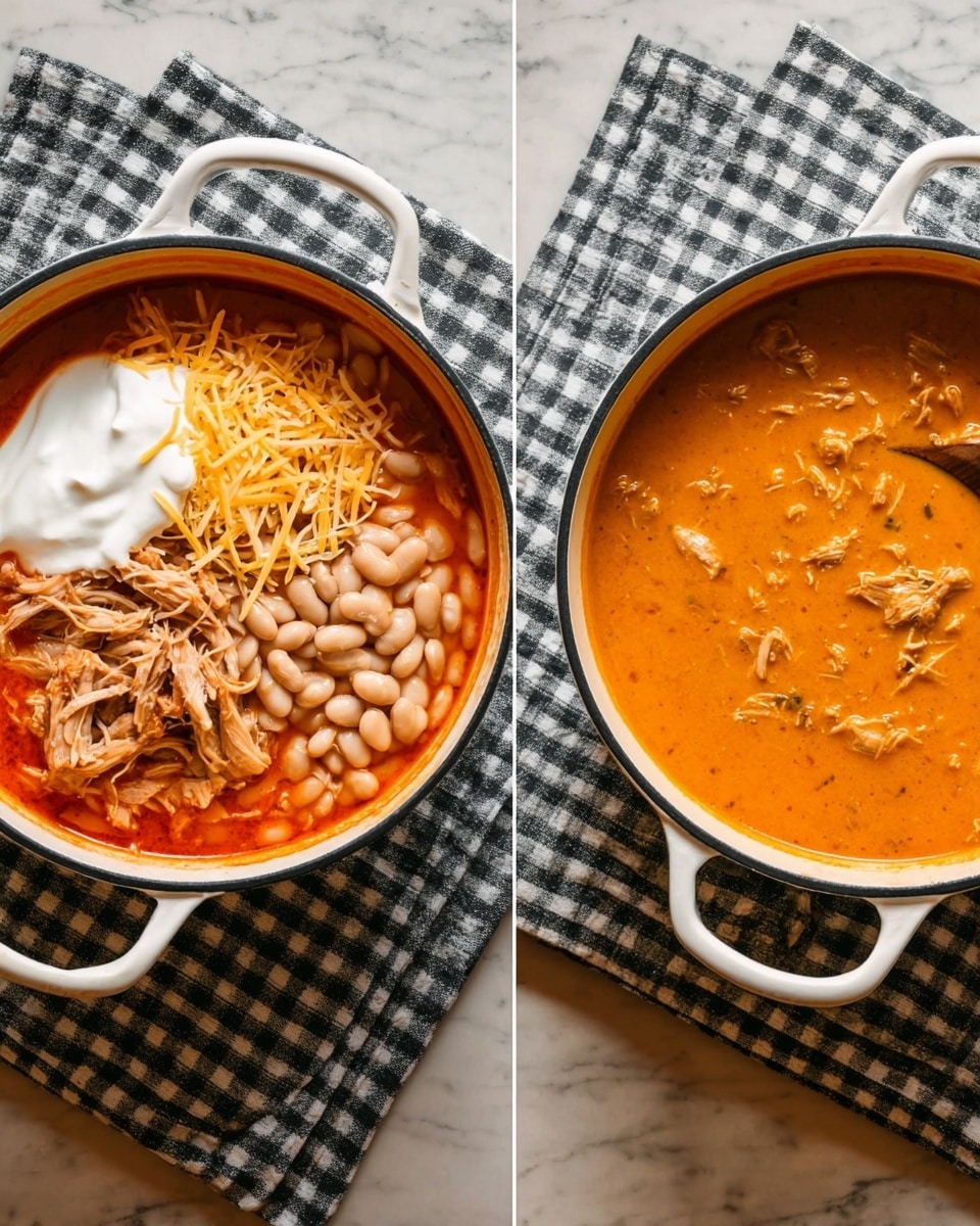 The image shows two white handled black pots placed on a grey and white checkered cloth on a white marbled textured surface. The left pot has several layers: a red-orange sauce as the base, shredded light brown meat on the left side, a white dollop of sour cream next to the meat, grated orange cheese, and a pile of white beans in the center. The right pot shows the same mixture stirred together, presenting a creamy orange soup with bits of shredded meat all mixed in, creating a smooth texture with small chunks throughout. Photo taken with an iphone --ar 4:5 --v 7