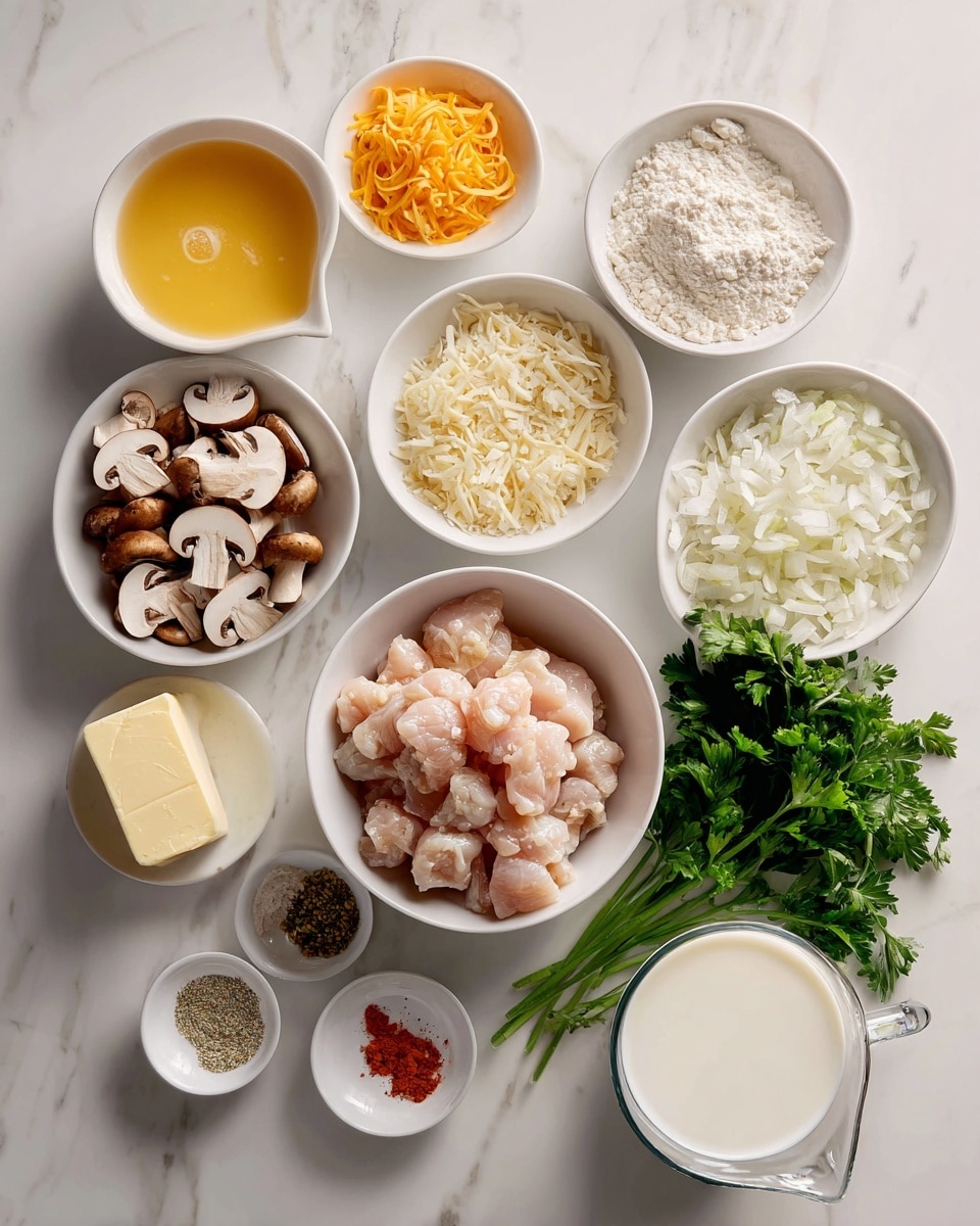The image shows a white marbled surface with various ingredients placed neatly in white bowls and containers. In the center is a bowl of raw chopped chicken pieces, surrounded by bowls containing white rice, chopped white onions, sliced brown mushrooms, shredded orange cheese, and minced garlic. There are small white bowls holding white flour, mixed seasonings with red, beige, and green colors, and a cube of butter on a small white dish. A clear glass container holds yellow broth, and a small clear pitcher contains cooking oil. To the right, there is a bunch of fresh green parsley. Another clear container holds milk. All items are arranged in a clean, organized way, with simple, bright colors and textures visible. Photo taken with an iphone --ar 4:5 --v 7