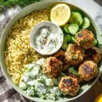 Feta Chicken Meatballs with Lemon-Dill Yogurt Sauce and Orzo Recipe