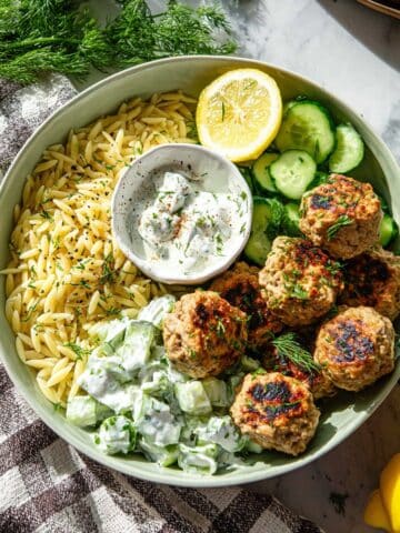 Feta Chicken Meatballs with Lemon-Dill Yogurt Sauce and Orzo Recipe
