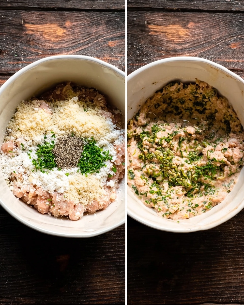 The image shows two white bowls side by side on a dark wooden surface. The left bowl contains layers of ingredients including a base of light pink ground meat, topped with white crumbled cheese, green chopped herbs, beige breadcrumbs, and a small pile of black pepper in the center. The right bowl shows the same mixture after being stirred, forming a smooth, light pink paste mixed with green herb flecks, creating an even, creamy texture. Both bowls have a soft matte finish. Photo taken with an iphone --ar 4:5 --v 7