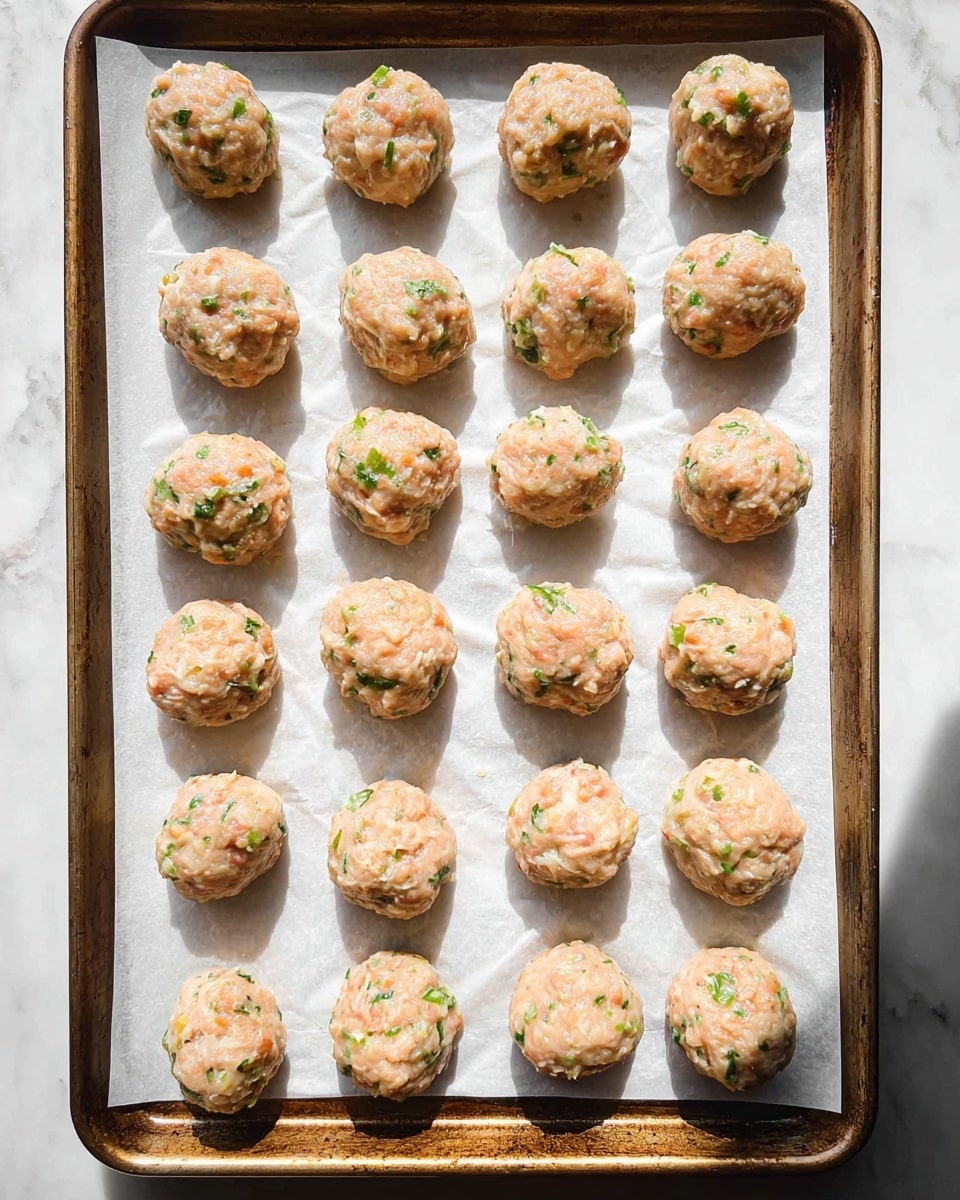 The image shows a metal baking tray lined with white parchment paper, holding five rows of round meatballs arranged neatly, totaling 29 pieces. Each meatball is light pink with visible bits of white cheese and green herbs mixed in, giving a slightly uneven texture on the surface. Sunlight casts soft shadows behind the meatballs, adding depth to the picture. The background is a white marbled texture which adds brightness to the composition. photo taken with an iphone --ar 4:5 --v 7