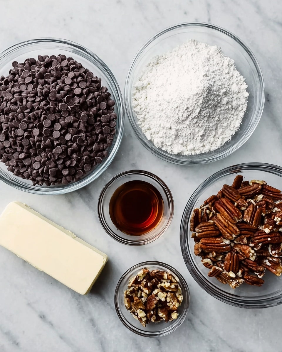 The image shows five clear glass bowls and a stick of white butter on a white marbled surface. The largest bowl on the left is filled with many small, dark brown chocolate chips. To its right, a similarly sized bowl contains fine, white powdered sugar. Below these, a smaller bowl holds dark amber liquid, while to the right of it, another small bowl contains chopped brown pecans with lighter inner parts. The stick of butter is placed diagonally on the lower left near the bowls. Photo taken with an iphone --ar 4:5 --v 7