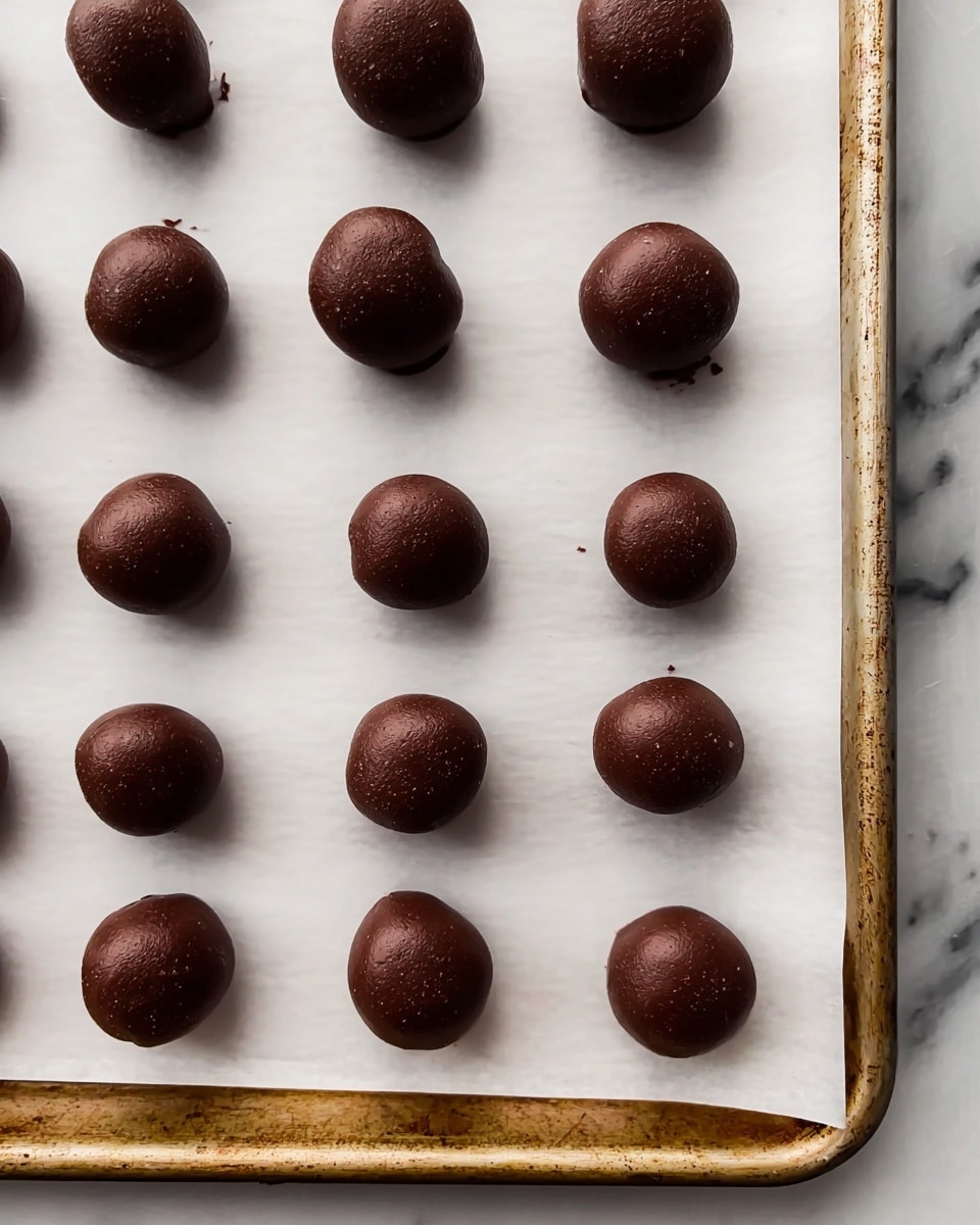 A baking tray is covered with white parchment paper, and on it, there are five rows of small round chocolate balls evenly spaced. The chocolate coating is smooth but slightly uneven with small bumps and a rich dark brown color. One ball shows a tiny bit of extra chocolate on the side, giving a natural homemade look. The background surface beneath the tray is a white marbled texture. photo taken with an iphone --ar 4:5 --v 7