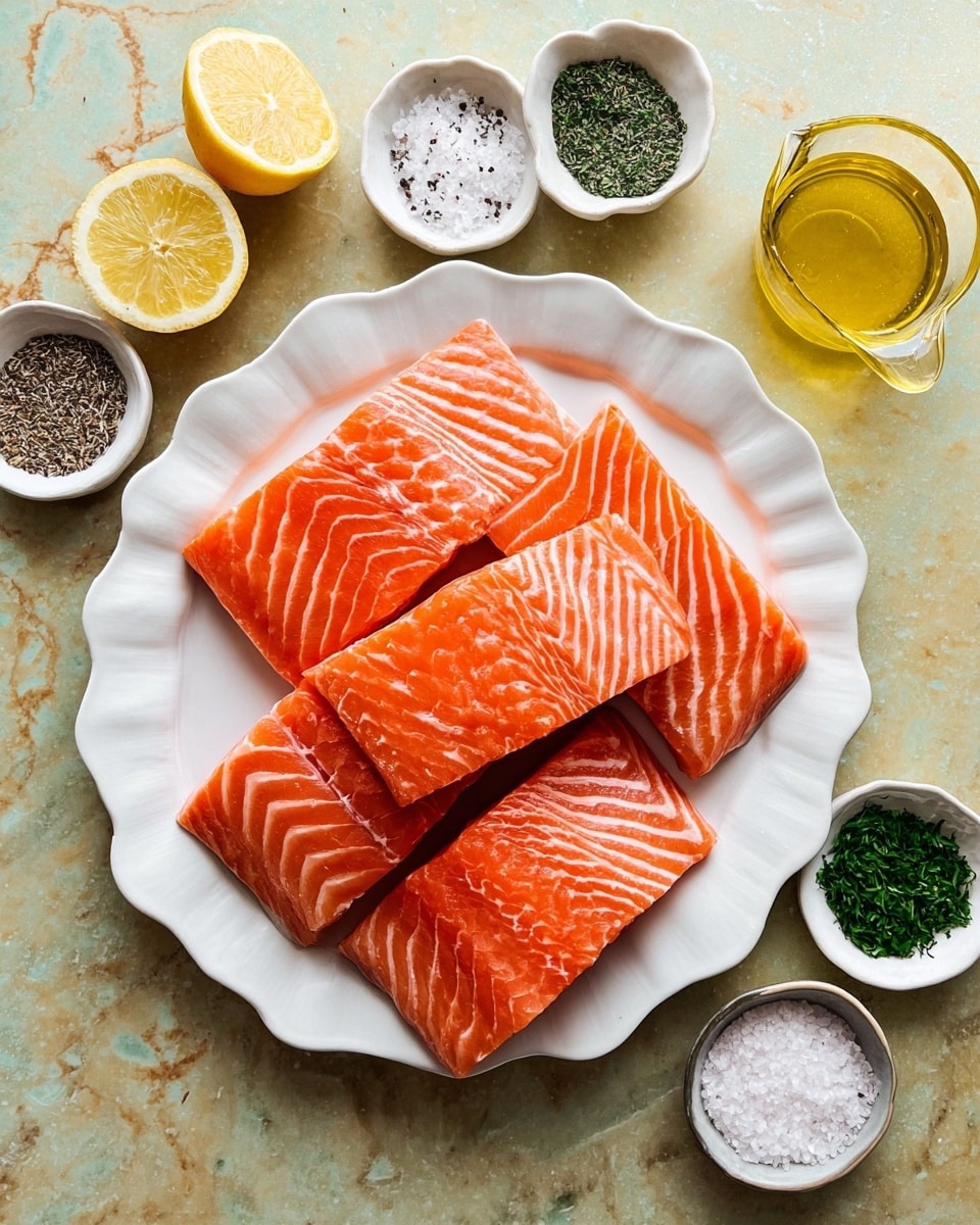 Four thick and fresh raw salmon fillets with bright orange and white marbled lines are stacked unevenly on a wavy-edged white plate in the center. Around the plate, there are small white bowls with coarse salt, a mix of black and white pepper, and chopped green herbs. Two lemon halves with a pale yellow color sit beside the plate, and a small glass cup with golden olive oil is placed at the top. The whole set is on a white marbled surface. photo taken with an iphone --ar 4:5 --v 7