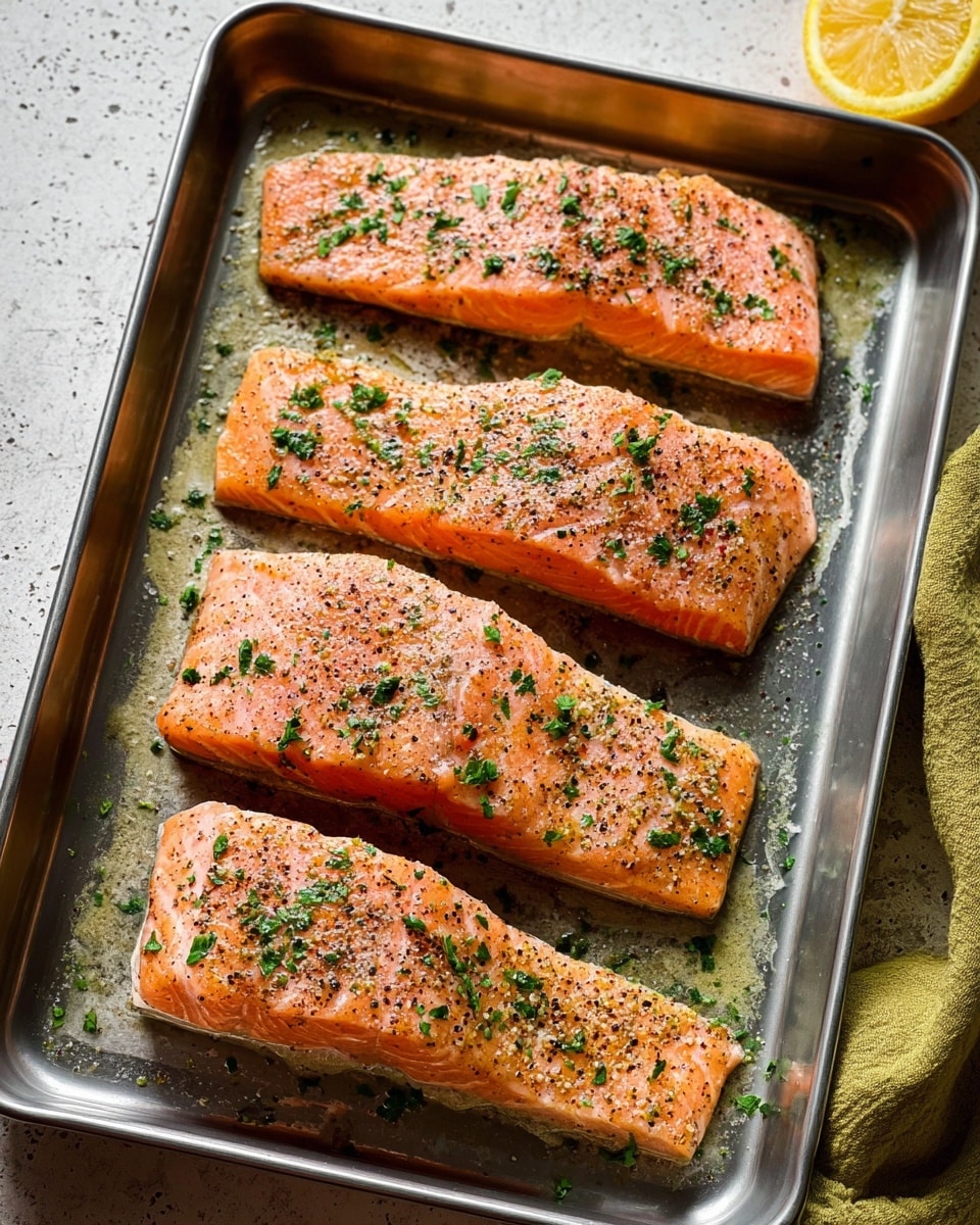 A metal baking tray holds four raw salmon fillets laid flat in a single layer, each seasoned with black pepper and sprinkled with small fresh green herb pieces, likely parsley. The salmon flesh is a light pink-orange color, and the seasoning creates a textured look with small dark and green specks spread across the surface. The tray rests on a white marbled textured surface, and a half lemon is seen at the top right corner. The lighting is natural, showing slight shine on the salmon and the tray. photo taken with an iphone --ar 4:5 --v 7
