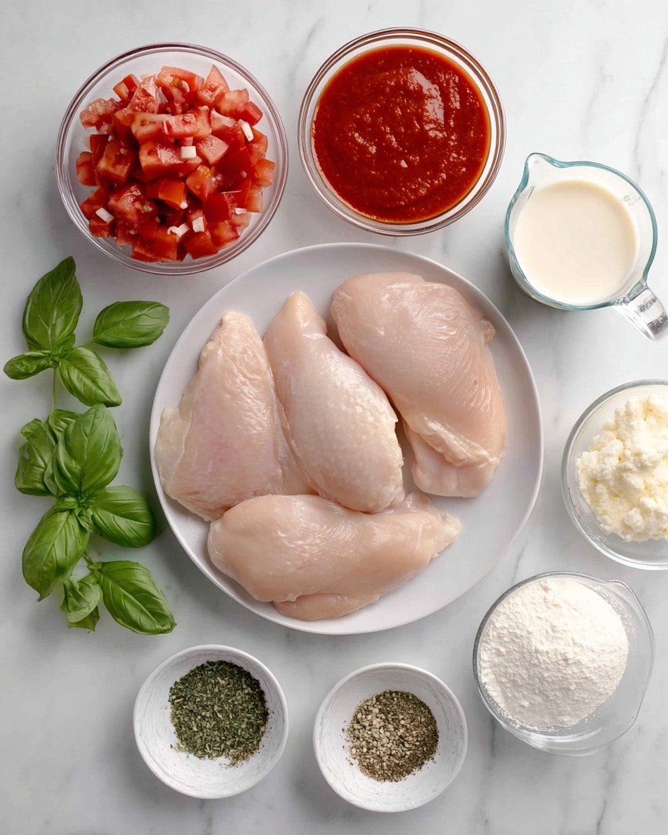 The image shows four raw chicken pieces placed in the center on a white round plate, with three chicken pieces larger and one smaller. To the left, there are two small clear bowls, one with bright red diced tomatoes and the other with a darker red marinara sauce, along with fresh bright green basil leaves below them. Below the chicken, there are three small white dishes filled with dried basil, Italian seasoning, and salt and pepper. On the right side, there is a small clear bowl of minced garlic above a small bowl of white corn starch and a glass measuring cup filled with cream. The background is a white marbled texture, and a few fresh basil leaves are placed above the plate. Photo taken with an iphone --ar 4:5 --v 7