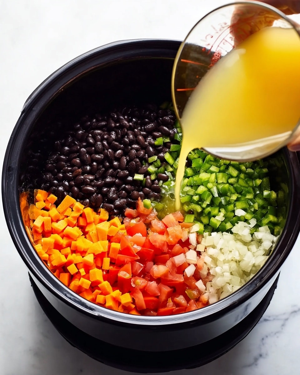 In a black cooking pot, there are four layers of ingredients: black beans take up almost half the space with a shiny, dark color; next to the beans are finely chopped green peppers with a fresh, bright green color; below the green peppers are small cubes of orange carrots adding a vibrant touch; and at the very bottom right are diced white onions and red tomatoes layered closely together with soft textures. A clear glass measuring cup is pouring a yellow liquid, likely broth or juice, over the top of these layered ingredients. The cooking pot is placed on a white marbled surface, and a woman's hand holds the measuring cup. photo taken with an iphone --ar 4:5 --v 7