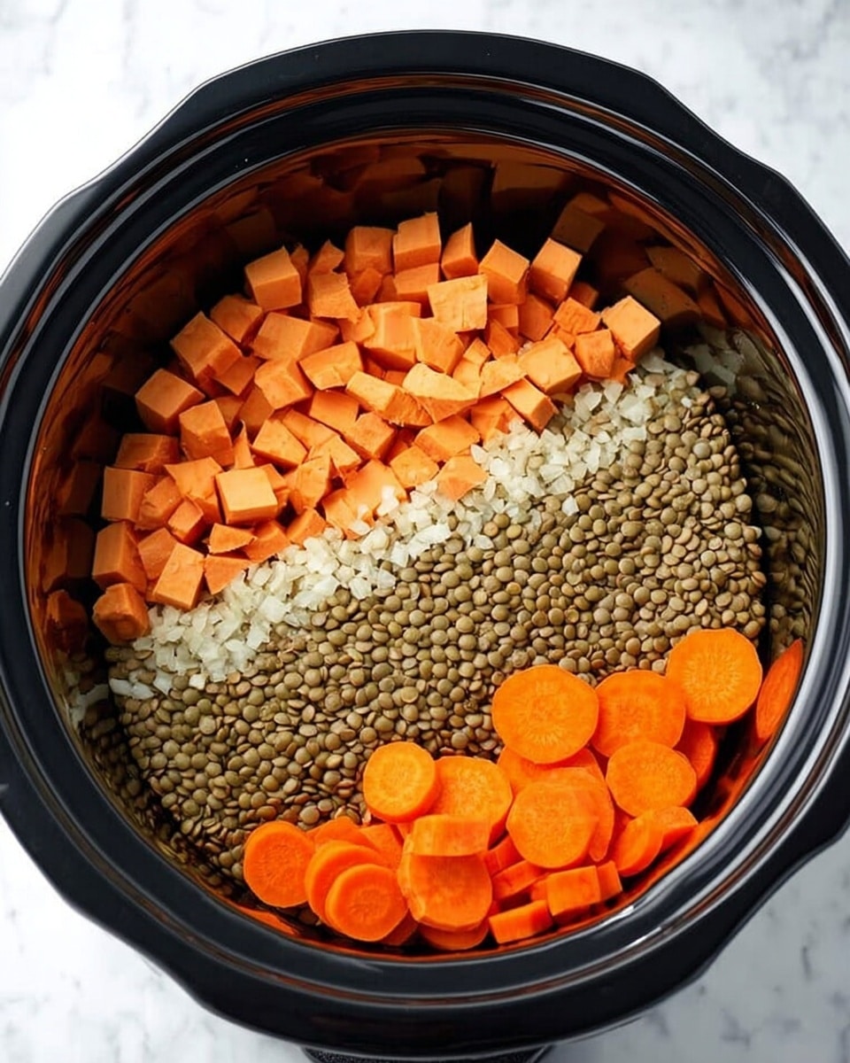 The image shows a black slow cooker filled with four clear layers of ingredients. On the left, there are small cubes of orange sweet potatoes with a smooth texture. Next to that is a layer of finely chopped white garlic, followed by a pile of light green lentils in the center which have a round, dry look. On the right, there are round orange carrot slices stacked closely. The background is a white marbled texture. Photo taken with an iphone --ar 4:5 --v 7