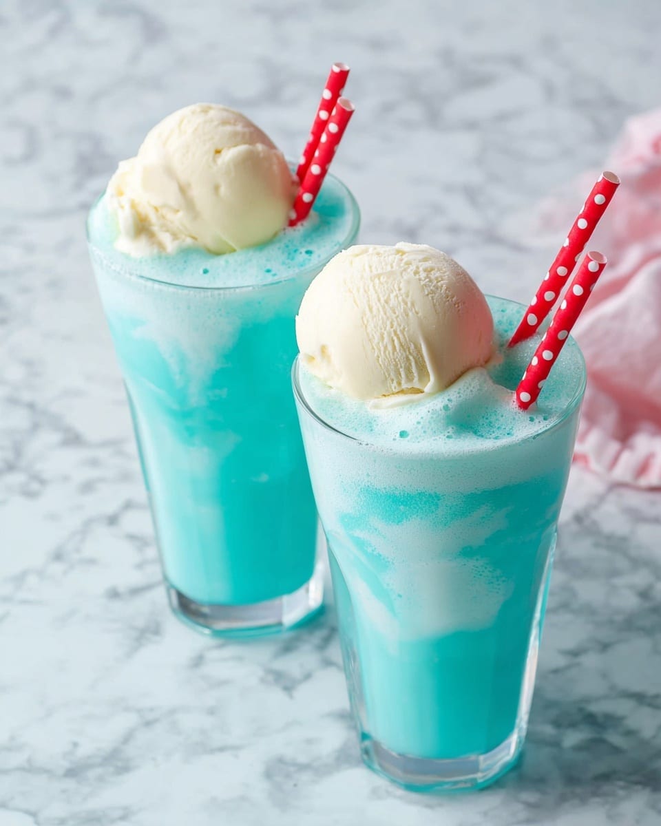 Two tall clear glasses filled with a light blue foamy drink, each topped with a large scoop of creamy white ice cream that partly melts into the drink. Each glass has a red straw with white polka dots placed near the ice cream. The glasses sit on a white marbled surface with a soft bright look. photo taken with an iphone --ar 4:5 --v 7