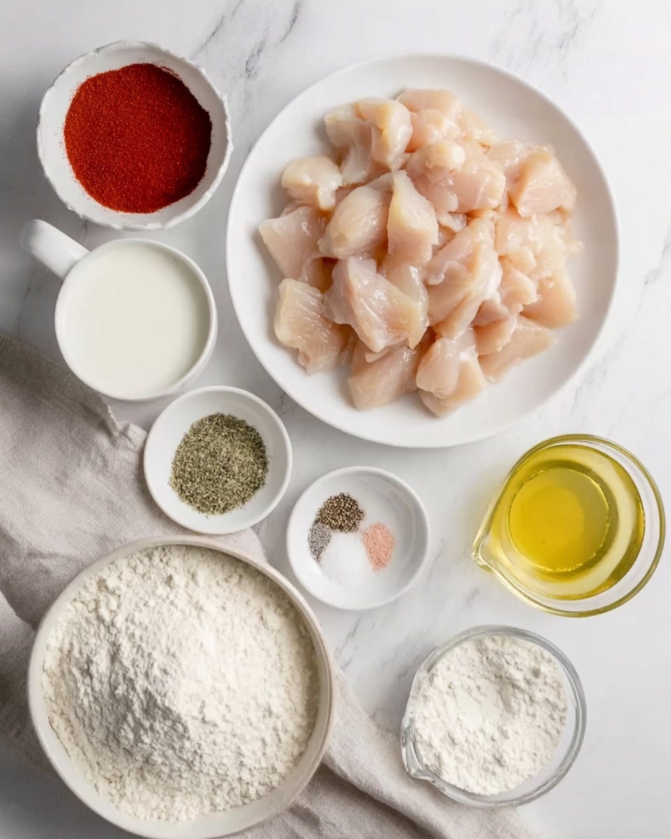 The image shows several small bowls and a white plate placed on a white marbled surface. In the center is a white plate filled with small chunks of raw chicken, pale pinkish-beige in color and slightly glossy. Above it, there is a small white bowl with a red powder, and another white bowl below it with three spices: a light pink salt, black pepper, and a green herb. Near the center right, a small white bowl contains white granulated powder. On the bottom left, a larger white bowl is filled with white flour, which is powdery and soft. Next to it is a white cup filled with a white liquid, likely milk. To the right, a glass measuring cup holds a yellow liquid, which looks like oil. An egg is placed near the powdery bowl with a light beige cloth beneath several bowls. Photo taken with an iphone --ar 4:5 --v 7