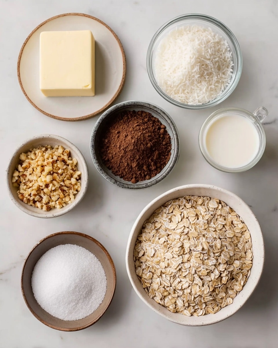 The image shows eight small bowls and plates with different baking ingredients arranged neatly on a white marbled surface. The largest white bowl in the bottom right is full of light brown rolled oats with a rough texture. To its left, a small white plate holds crushed nuts in tan and golden colors. Above that, a glass bowl is filled with white shredded coconut. A small dark round dish holds some white salt crystals. Toward the top center, there is a small light brown bowl filled with dark brown cocoa powder. Next to it, a white bowl is filled with fine white granulated sugar. In the top left, a round plate holds a pale stick of butter and a small glass cup of white milk. All items are arranged neatly, showing clear textures and colors on a clean white marbled background. Photo taken with an iphone --ar 4:5 --v 7