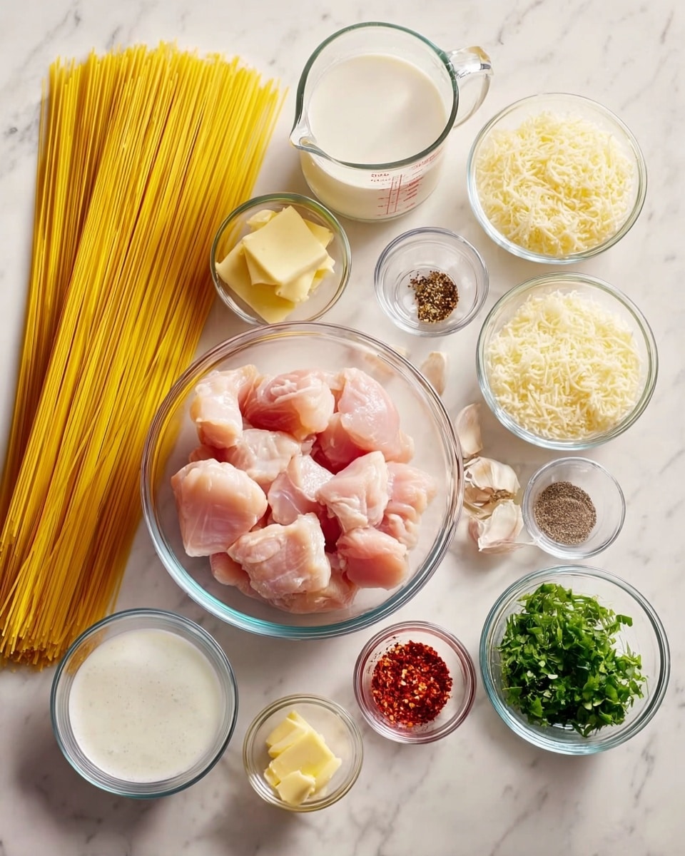 The image shows an organized arrangement of cooking ingredients on a white marbled surface. There are eleven clear glass bowls and one glass measuring cup. The largest bowl in the center holds raw, light pink chicken pieces with smooth texture. To the left, a bundle of uncooked spaghetti pasta lies flat, long and yellow. Around the bowl, there are smaller dishes containing pale yellow butter, finely chopped shallots or onions, minced garlic, grated cheese in shredded white, and fresh chopped herbs in a bright green. The glass measuring cup is filled with a white liquid that looks like milk or cream. Small bowls contain seasonings like black pepper, salt, red chili flakes, ground red spice, and lemon or lime juice. The woman's hand is not visible. The overall look is clean and neat. photo taken with an iphone --ar 4:5 --v 7