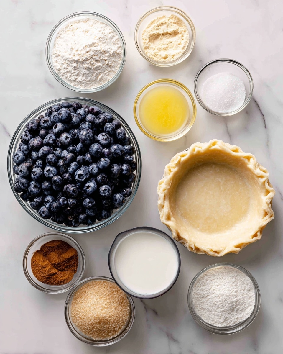 The image shows ingredients arranged on a white marbled surface. In the center left is a clear glass bowl filled with dark blue blueberries with a slightly frosted texture. Above it are two small clear bowls, one with white cornstarch and one with pale yellow lemon juice. To the right are two wrapped pie crusts, pale beige with a soft, flaky texture. Below the blueberries is a small clear bowl with white dairy-free milk and a small bowl of warm brown cinnamon. Next to those are a very small bowl of white salt, a medium clear bowl filled with fine white sugar, and a small bowl of coarse light brown sugar. Each ingredient is neatly placed and labeled clearly. Photo taken with an iphone --ar 4:5 --v 7