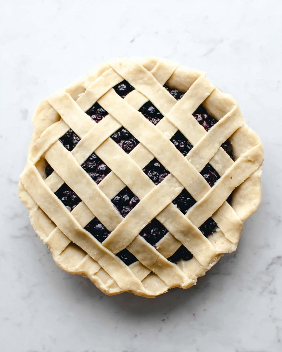 The image shows an unbaked round pie placed on a white marbled surface, featuring a lattice top crust with interwoven strips of pale dough that have slightly scalloped edges. The lattice layers reveal a deep blue filling made of whole berries packed evenly under the crust. The pie's bottom crust is slightly visible beneath the lattice, holding the filling inside. Photo taken with an iphone --ar 4:5 --v 7