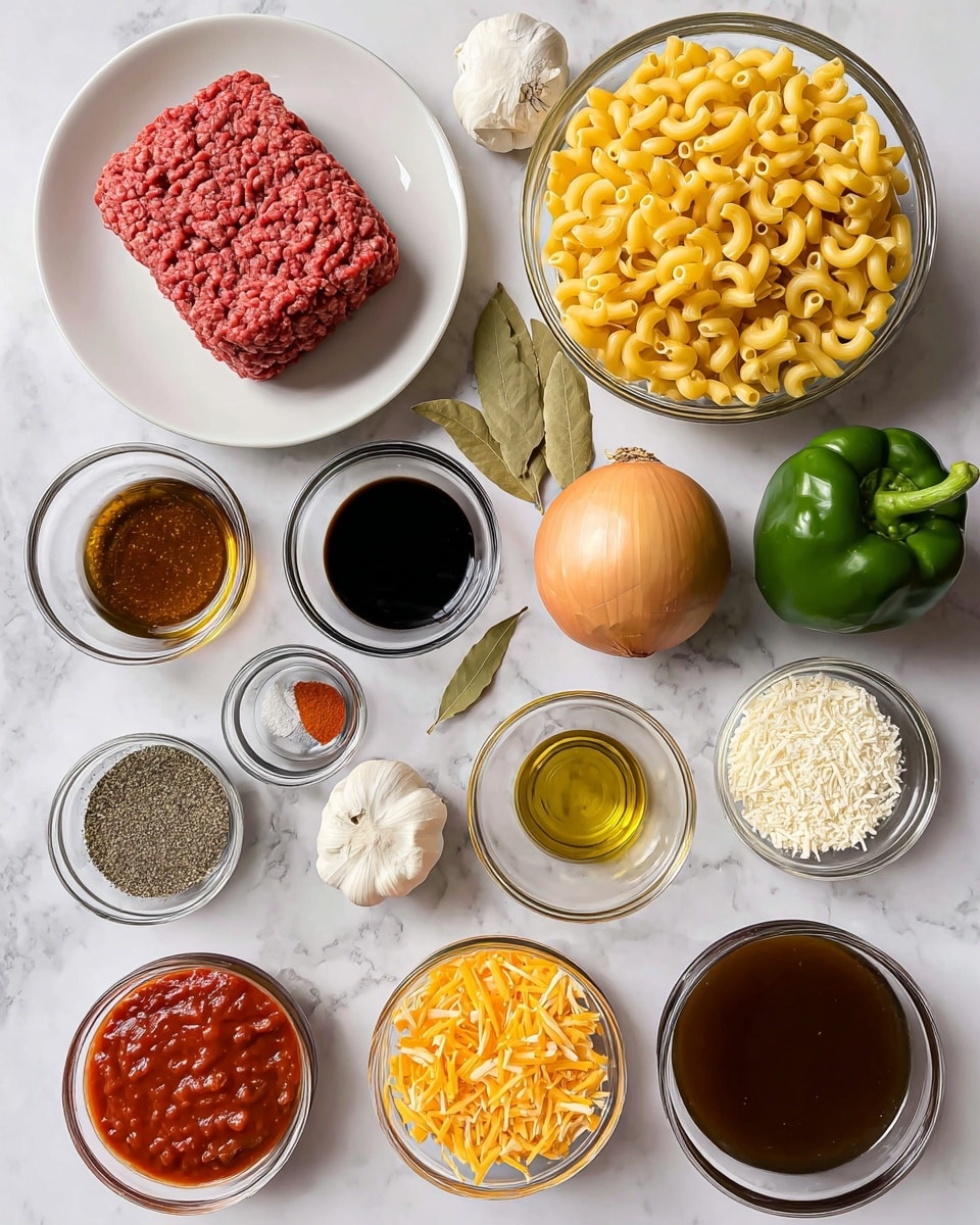 The image shows a collection of cooking ingredients laid out neatly on a white marbled surface. At the top left, there is a thick, rectangular layer of raw ground beef placed on a white plate. Next to it on the right, a clear glass bowl filled with bright yellow elbow macaroni noodles. Below the noodles, several small clear glass bowls contain dark brown Worcestershire sauce, golden olive oil, white salt, black pepper, red paprika, and mixed Italian seasoning. Two dried bay leaves are positioned near the middle. There is a whole round yellow onion and a fresh green bell pepper placed on the right side. Two cans with diced tomatoes and tomato sauce sit near the bottom left, accompanied by a small bowl of shredded orange and white cheddar cheese. Near the bottom right, a large clear bowl holds dark beef broth. There is a garlic bulb near the center among the ingredients. The photo taken with an iphone --ar 4:5 --v 7