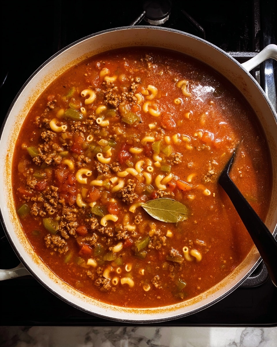 A large, white pot filled with thick, rich soup containing three main layers: a base layer of chunky red tomato broth with a slightly shiny, smooth surface, a middle layer with light brown cooked ground meat mixed evenly, and a top layer showing small curly elbow macaroni and pieces of green celery floating throughout. There are also a few whole bay leaves visible near the right side of the pot. A black spoon is resting inside the pot near the upper right, partly submerged in the soup. The pot is set on a black stovetop, with a dark background but the surface underneath the pot changed to a white marbled texture. Photo taken with an iphone --ar 4:5 --v 7