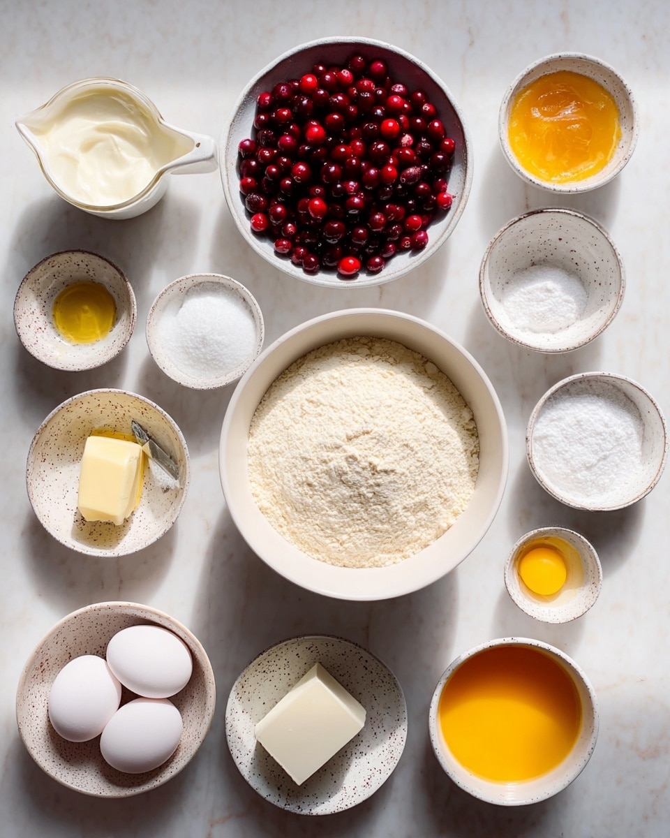 The image shows multiple white bowls and small dishes arranged neatly on a white marbled surface. In the center is a white bowl filled with a light beige flour powder. Above it, a larger white bowl contains shiny, dark red cranberries. To the left of the flour bowl, there is a small white measuring cup filled with creamy white yogurt, a white cup with golden oil, and a speckled white bowl holding three white eggs. Around these are smaller white dishes with different ingredients: white sugar, orange zest, vanilla extract, a small square of pale yellow butter, salt, baking soda and powder, and a cup of bright orange liquid. The overall look is clean and organized with natural light highlighting the colors and textures. Photo taken with an iphone --ar 4:5 --v 7