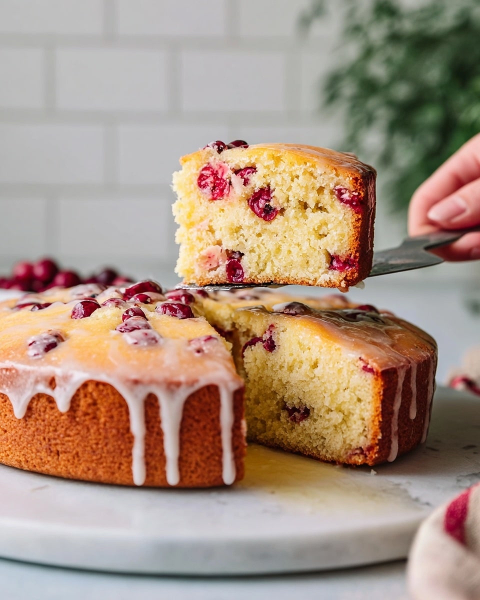 A close-up shows a thick, round cake with a light golden brown crust sitting on a white marbled surface. The top of the cake is covered in a pale glaze that drips slowly down the sides. The cake has one slice removed, held by a metal spatula held by a woman's hand, revealing a soft, light yellow interior filled with bright red cranberries spread evenly throughout. The cake slice shows a soft texture with visible air pockets and juicy berries. The whole setup is lit softly, with a blurred white brick wall in the background and a hint of green plant on the right. photo taken with an iphone --ar 4:5 --v 7