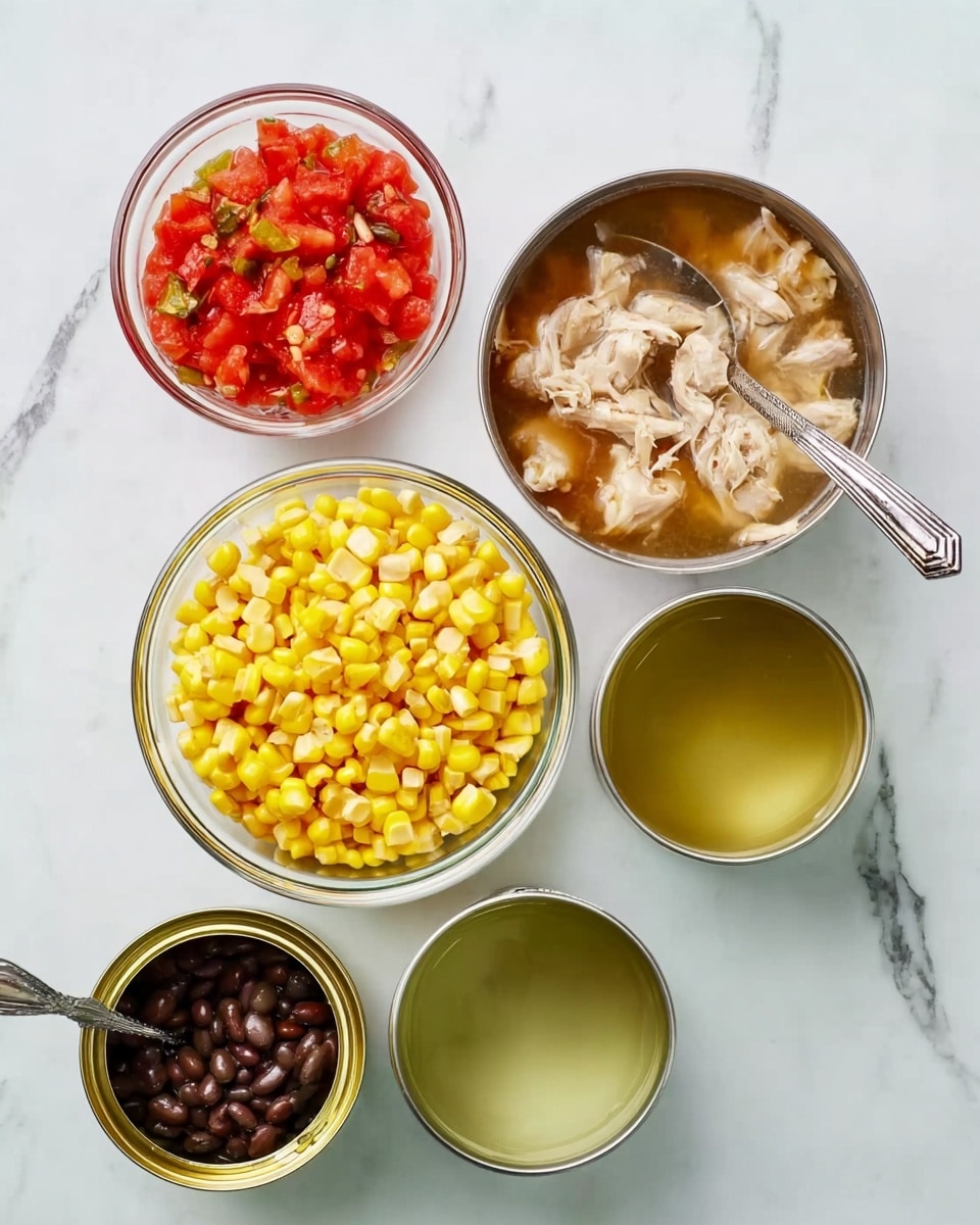 The image shows five small bowls and cans arranged on a white marbled surface. At the center is a clear glass bowl filled with bright yellow corn kernels. Above it slightly to the right is a metal bowl containing light tan colored pieces of cooked chicken in broth with a spoon resting inside. Above and to the left is another clear glass bowl filled with finely chopped red tomatoes mixed with small green bits. Below and left of the center bowl is an open can with black beans and a bit of their dark liquid inside. To the right of the chicken bowl are two open cans filled with light green liquid, each with a spoon resting inside. Photo taken with an iphone --ar 4:5 --v 7
