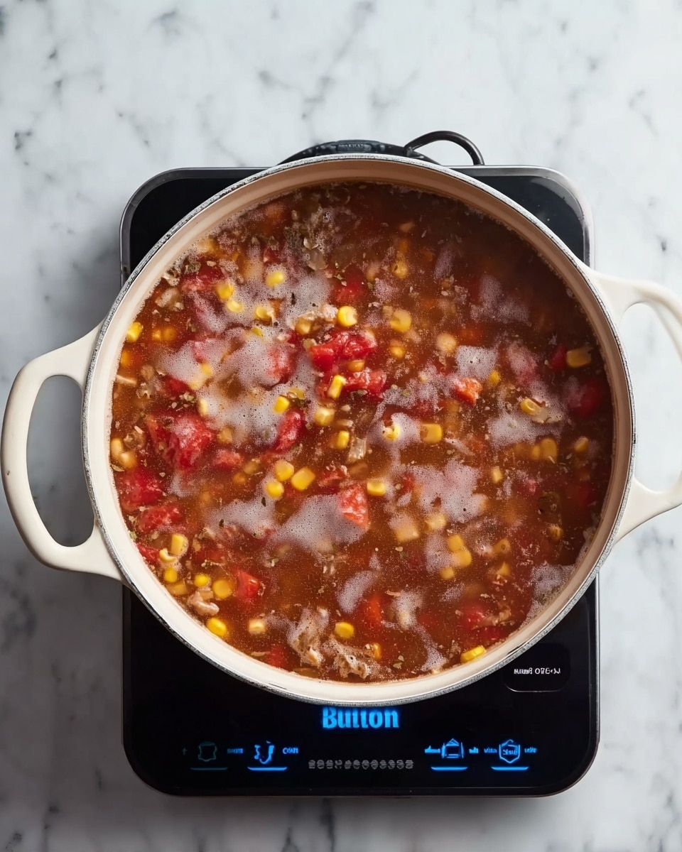 A round white pot with two handles holds a simmering soup with a dark reddish-brown broth as the base. Floating throughout the broth are small, soft chunks of yellow corn, red tomato pieces, and bits of light brown meat. The surface has light white foam patches forming irregular shapes, and some of the ingredients are slightly swirling as the soup bubbles gently. The pot sits on a black burner with a digital blue light display, all placed on a white marbled surface. Photo taken with an iphone --ar 4:5 --v 7