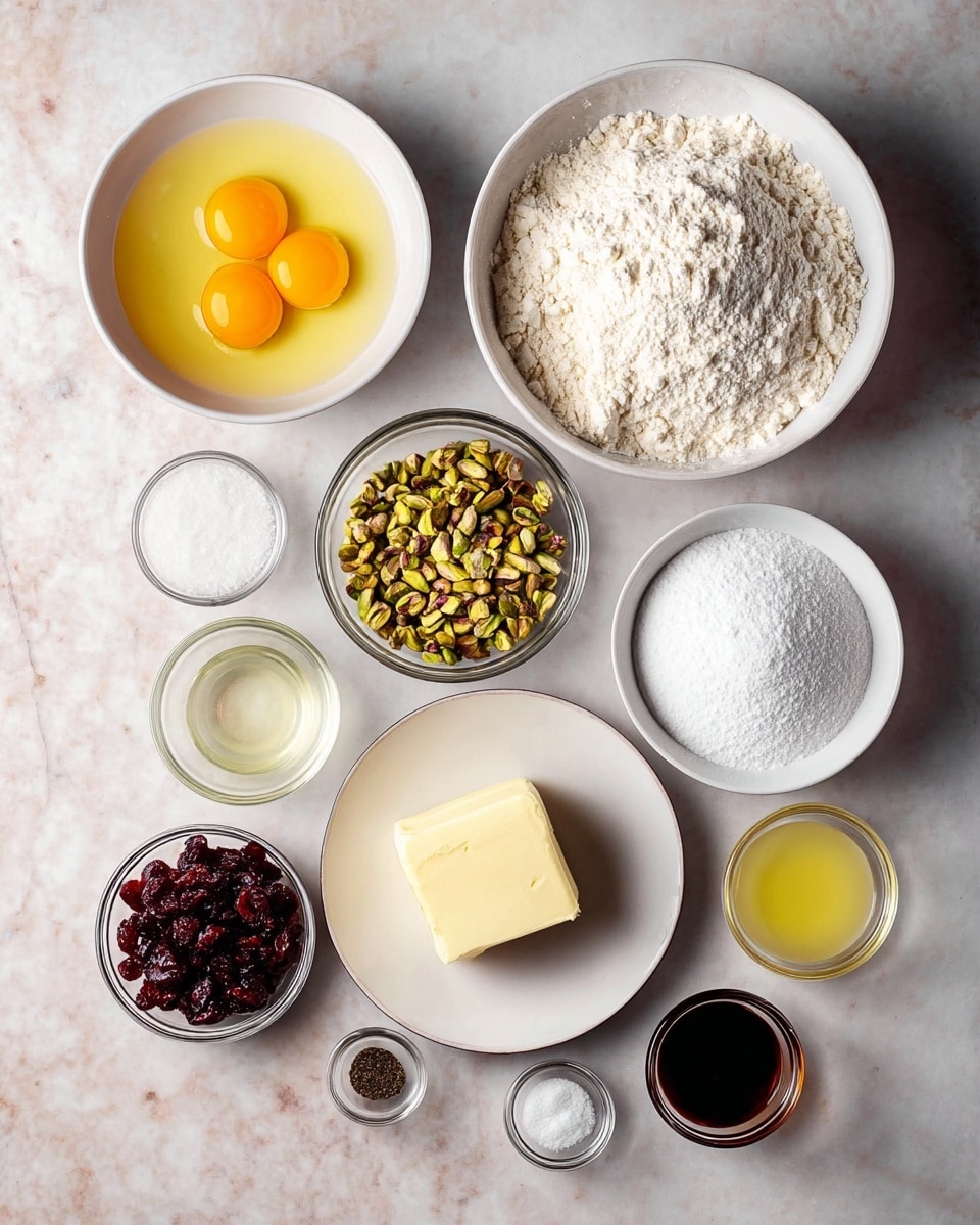 The image shows ten bowls and dishes arranged on a white marbled surface, each holding different ingredients. Starting from the top, there is a small white bowl with two bright yellow egg yolks. To the right, a larger white bowl is filled with white powdered sugar. Below that, a small white plate holds a block of pale yellow butter. To the left of the butter, a medium white bowl contains a mound of light flour. Above the flour bowl, there is a clear glass bowl filled with chopped green pistachios. To the left of the pistachios, a smaller white bowl holds dark red dried cranberries. Near the bottom left corner, three small clear bowls contain, from left to right, some salt, a dark brown liquid vanilla extract, and a pale yellow liquid lemon juice. The overall look is neat with a mix of different textures and colors like white powders, bright yolks, green nuts, and dark red berries. photo taken with an iphone --ar 4:5 --v 7