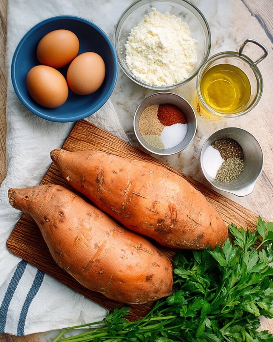 The image shows a wooden board holding three large orange sweet potatoes placed side by side on the right, with some fresh green parsley on the far right edge. To the left of the board, there are four bowls on a white marbled surface covered with a light cloth with blue stripes: a blue bowl with three brown eggs, a small glass bowl with golden olive oil, a metal measuring cup filled with white grated cheese, and a small clear bowl with a mix of spices including white, black, red, and green colors. The background underneath has a white marbled texture. photo taken with an iphone --ar 4:5 --v 7
