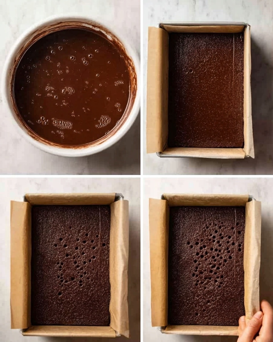 The image shows four stages of making a chocolate cake arranged in a grid on a white marbled surface. In the top left, a white bowl contains smooth, shiny dark brown chocolate batter with small air bubbles. The top right shows a rectangular baking pan lined with parchment paper filled with the same chocolate batter, even and flat. The bottom left has the baked cake in the same pan, dark brown with a slightly shiny cracked top. The bottom right shows the cake removed from the pan with many small holes poked evenly over its surface, still dark brown and dense looking. A woman's hand is seen lightly resting on the corner of the pan in one frame. Photo taken with an iphone --ar 4:5 --v 7