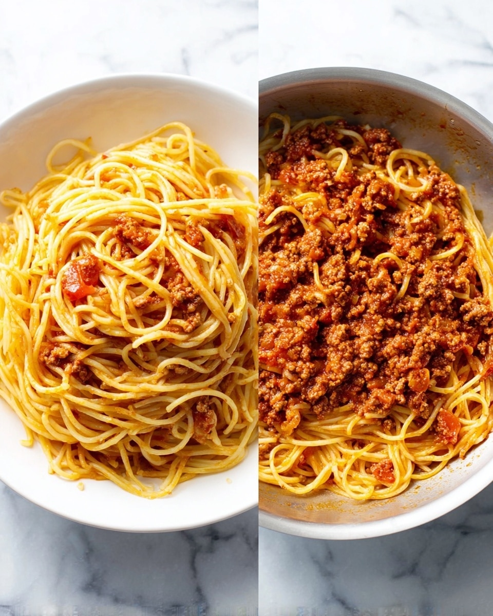 The right side shows a white plate full of spaghetti with red meat sauce mixed in. The spaghetti is light yellow and tangled, covered with a chunky sauce made of ground meat and small red tomato pieces. The sauce clings around the pasta strands and fills spaces between them. The plate sits on a white marbled surface, and the photo is bright, showing texture on the sauce and pasta well. photo taken with an iphone --ar 4:5 --v 7