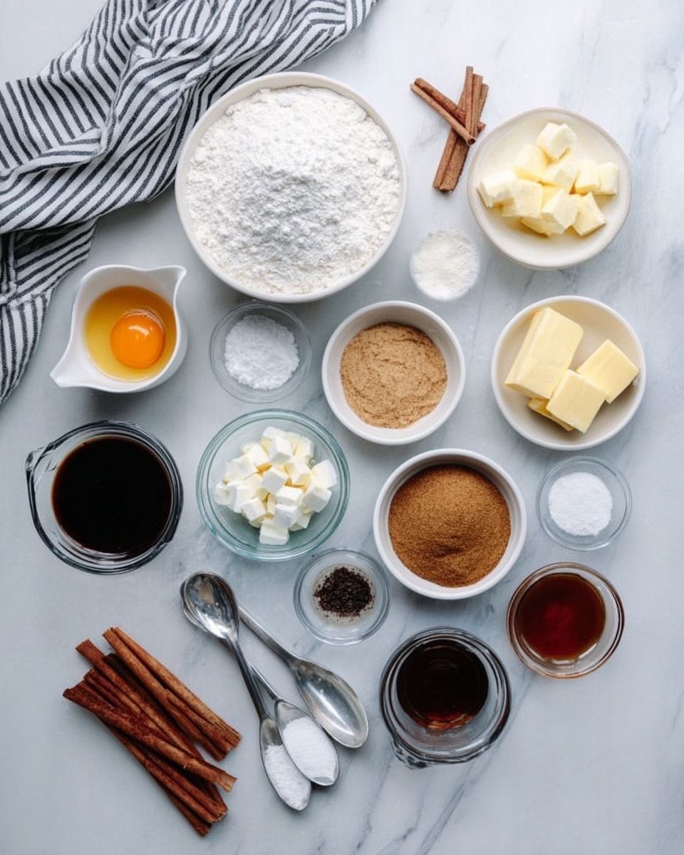 A white marbled surface holds a neat arrangement of small white bowls and clear glass bowls filled with various baking ingredients. There is a bowl of white flour, a bowl with a cracked egg yolk, two bowls of butter squares, a bowl of granulated sugar, a bowl of light brown cinnamon powder, a bowl of darker brown sugar, and a bowl with a dark liquid, possibly molasses or syrup. Other small bowls contain white powdered sugar, white granulated sugar, cream cheese cubes, a dark liquid similar to vanilla extract, and a small amount of black seeds or spices. A clear measuring cup with water, many cinnamon sticks, and two silver measuring spoons are also on the surface. A striped cloth rests on the upper left corner of the white marbled surface. photo taken with an iphone --ar 4:5 --v 7