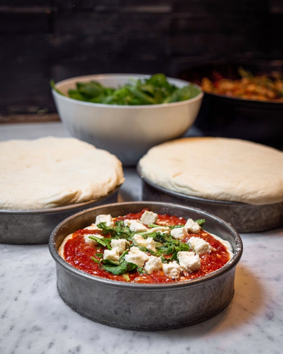 A small round baking pan filled with a layered dish shows a bottom layer of fresh green leaves, topped with a thick red tomato sauce layer that is dotted with white cheese cubes. Behind it, there are two other metal baking pans covered with thick, pale dough that hangs slightly over the edges. In the background, a white bowl with green leafy vegetables sits next to a black pan containing some cooked food. Everything is set on a white marbled surface with a dark blurred background. photo taken with an iphone --ar 4:5 --v 7