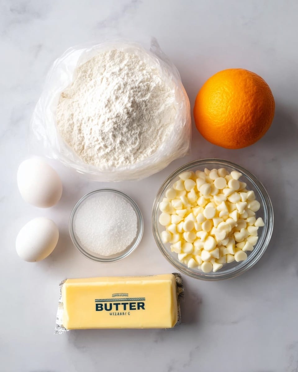 The image shows six baking ingredients on a white marbled surface: a large clear plastic bag filled with white flour at the top center, a whole orange fruit to the right of the flour, a white bowl filled with white chocolate chips below the orange, a glass bowl filled with granulated white sugar to the left of the white chocolate chips, a stick of butter wrapped in yellow paper with the word