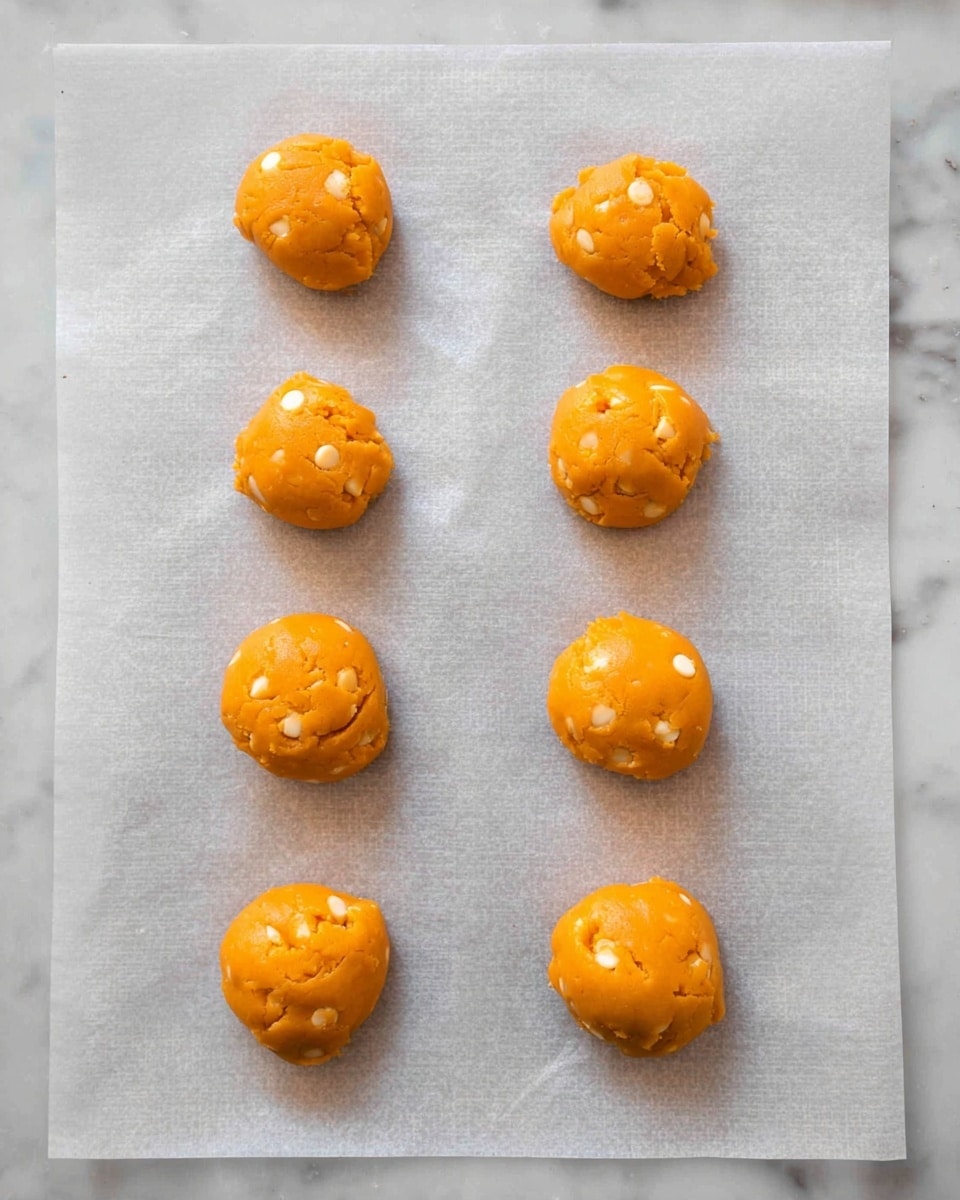 The image shows eight small, round balls of bright orange cookie dough with white chocolate chips, arranged in two neat vertical rows of four on a sheet of parchment paper. The dough balls have a smooth texture with slight cracks and uneven white chocolate chips visible on the surface. The parchment paper lies on a flat surface with a white marbled texture in the background. The balls are evenly spaced and ready to bake. photo taken with an iphone --ar 4:5 --v 7