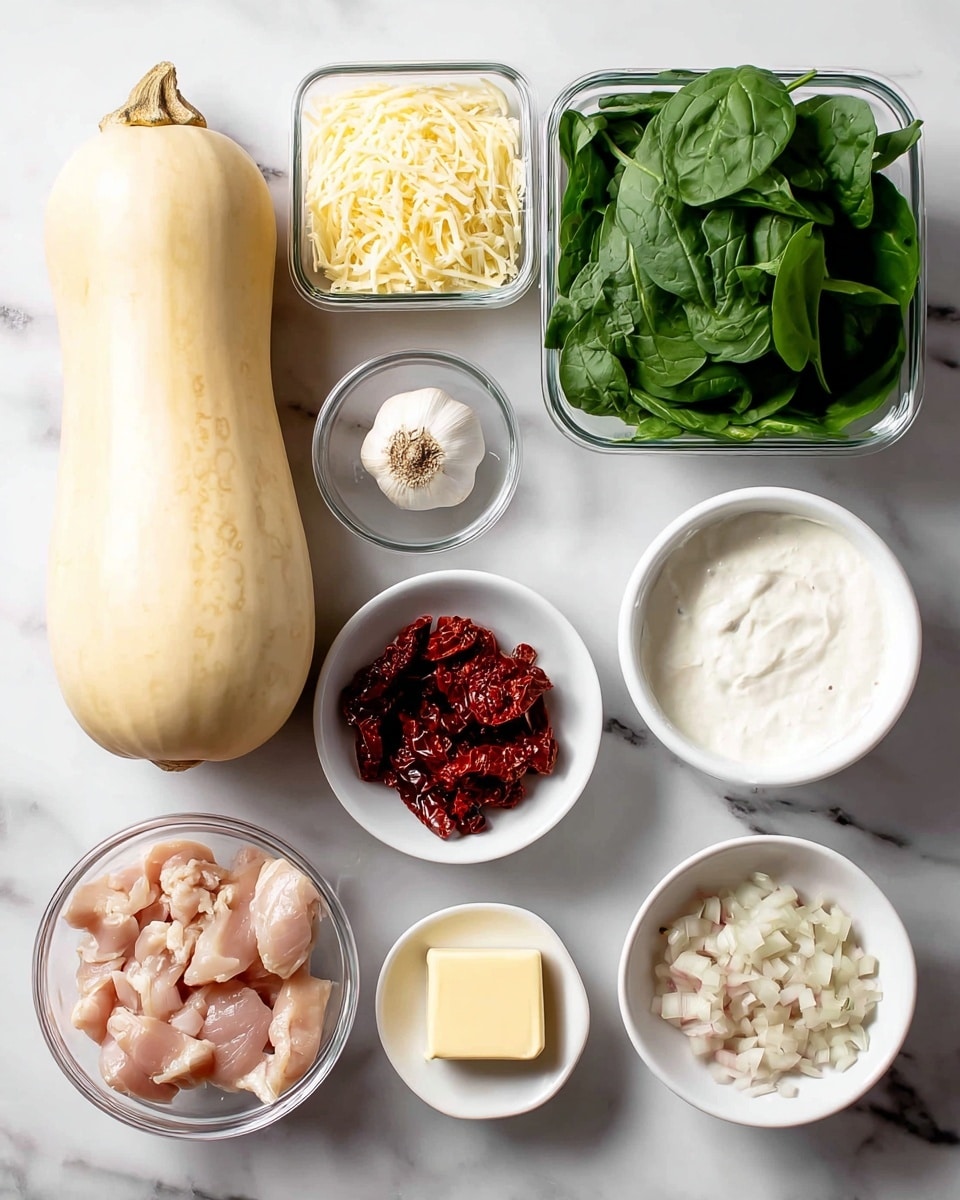 The image shows a white marbled surface with several small white bowls and containers arranged neatly. There is a large whole spaghetti squash on the left side. Clockwise from the top left, a small clear container holds shredded pale yellow parmesan cheese, a larger clear plastic container filled with fresh green spinach leaves, a white bowl with heavy cream that is white and smooth, a white bowl containing dark red sun-dried tomatoes, a small white bowl with chopped shallots that are light purple and white, and a whole garlic bulb near the center. Near the bottom left, a clear round bowl is filled with small pieces of raw light pink chicken, and next to it sits a small square of butter which is pale yellow. Everything is spaced with care on the white marbled surface. Photo taken with an iphone --ar 4:5 --v 7