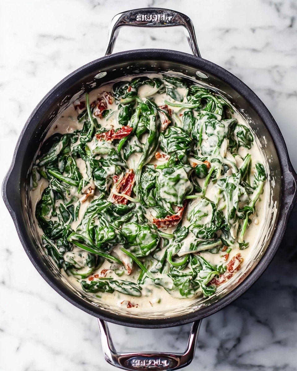 The image shows a black cooking pot filled with a creamy dish made of fresh spinach leaves and pieces of red sun-dried tomatoes mixed in a thick white sauce. The spinach leaves are bright green with some parts covered in the creamy sauce, giving the dish a smooth and rich texture. The sun-dried tomatoes add pops of deep red color scattered throughout. The pot has shiny silver handles on both sides, with the brand name visible on the handles, and it sits on a white marbled surface. The creamy sauce coats the vegetables evenly, creating a fresh and hearty look. photo taken with an iphone --ar 4:5 --v 7