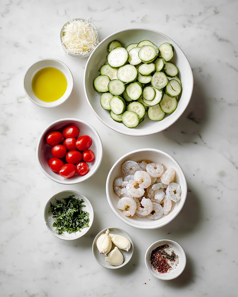 The image shows seven small white bowls arranged on a white marbled surface, each holding a different ingredient for a meal. At the top right, a large bowl is filled with many thin pale green cucumber slices that have darker green edges. Below this, a smaller white bowl contains a golden yellow liquid, likely olive oil. In the center, a white bowl holds many small, pale pink raw shrimp piled together. To the left of this, a bowl has bright red cherry tomatoes, round and shiny. Below the tomatoes, a small white bowl holds green leafy herbs, roughly chopped. To the left of the herb bowl is a bowl with three whole peeled garlic cloves, white and smooth. Above the garlic, a bowl is filled with finely grated white cheese, soft and fluffy. Lastly, to the right of the tomatoes and below the olive oil, a tiny white bowl has a mix of ground black pepper and red spice. The bowls are set neatly apart, with clear focus on the fresh, colorful ingredients, the photo taken with an iphone --ar 4:5 --v 7