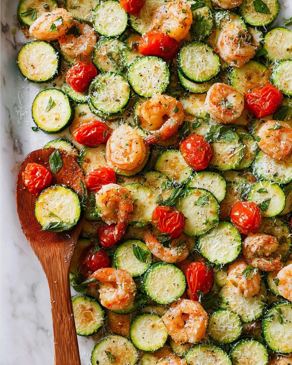 The image shows a white tray filled with cooked round slices of green zucchini spread out evenly, small bright red tomatoes, and small orange shrimp scattered across. The zucchini slices are light green inside with darker green skin edges, and some have light browning from cooking. The tomatoes are whole and shiny. The shrimp are curled and orange with hints of seasoning. There are fresh green herb pieces sprinkled on top with some small bits of grated white cheese. A wooden spoon holds a zucchini slice and shrimp, resting on the tray. The whole scene is on a white marbled surface. photo taken with an iphone --ar 4:5 --v 7