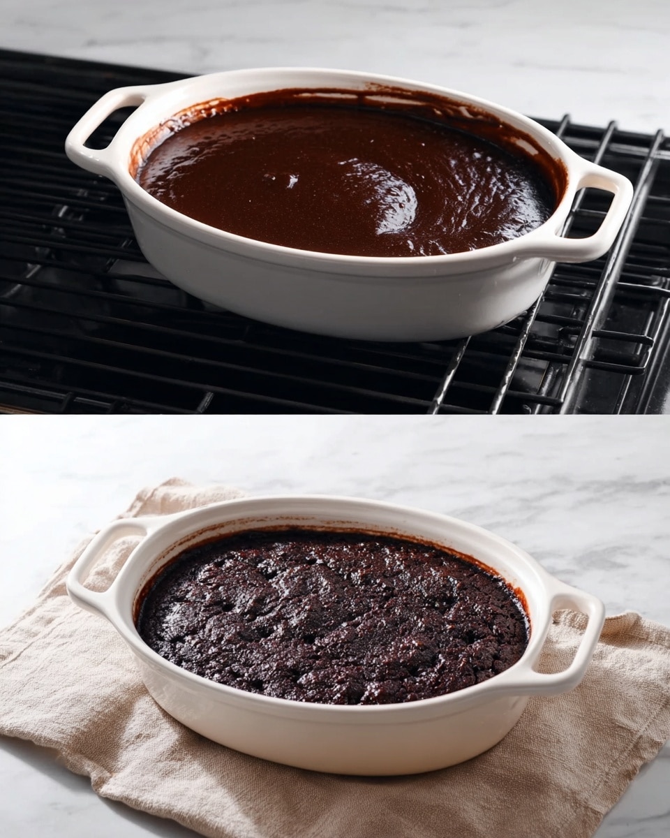 The image shows two white oval baking dishes side by side on a white marbled surface. The dish on the left is filled with a smooth, glossy dark brown chocolate batter, filling the dish almost to the top with a shiny wet texture. The dish on the right contains the same dish after baking, with a dark brown top that looks slightly cracked and textured, showing some areas that are glossy and some more matte, giving the baked layer a rich and dense appearance. In the background of the second dish, there is a draped cream-colored cloth partly visible. Photo taken with an iphone --ar 4:5 --v 7