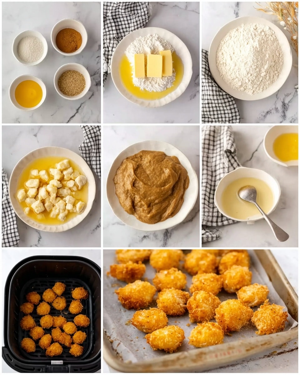 The image shows a recipe process in eight steps, displayed in a collage. First, there are three small white bowls with dry flour, brown powder, and yellow melted butter in a white marbled surface with a checked cloth nearby. Next, a white plate contains white flour and a small pile of butter in the center. Then, melted butter is poured over chunks of white flour on a white plate with a checked cloth beside it. The following image shows a thick brown mixture on the white plate. Then, cooked golden dumplings are arranged neatly in a baking tray next to the checked cloth. After that, golden fried pieces are placed in a black air fryer basket. The last two images feature close-ups of golden, crispy cooked pieces arranged tightly together, with a small white bowl and a spoon partially visible on the white marbled surface. Photo taken with an iphone --ar 4:5 --v 7