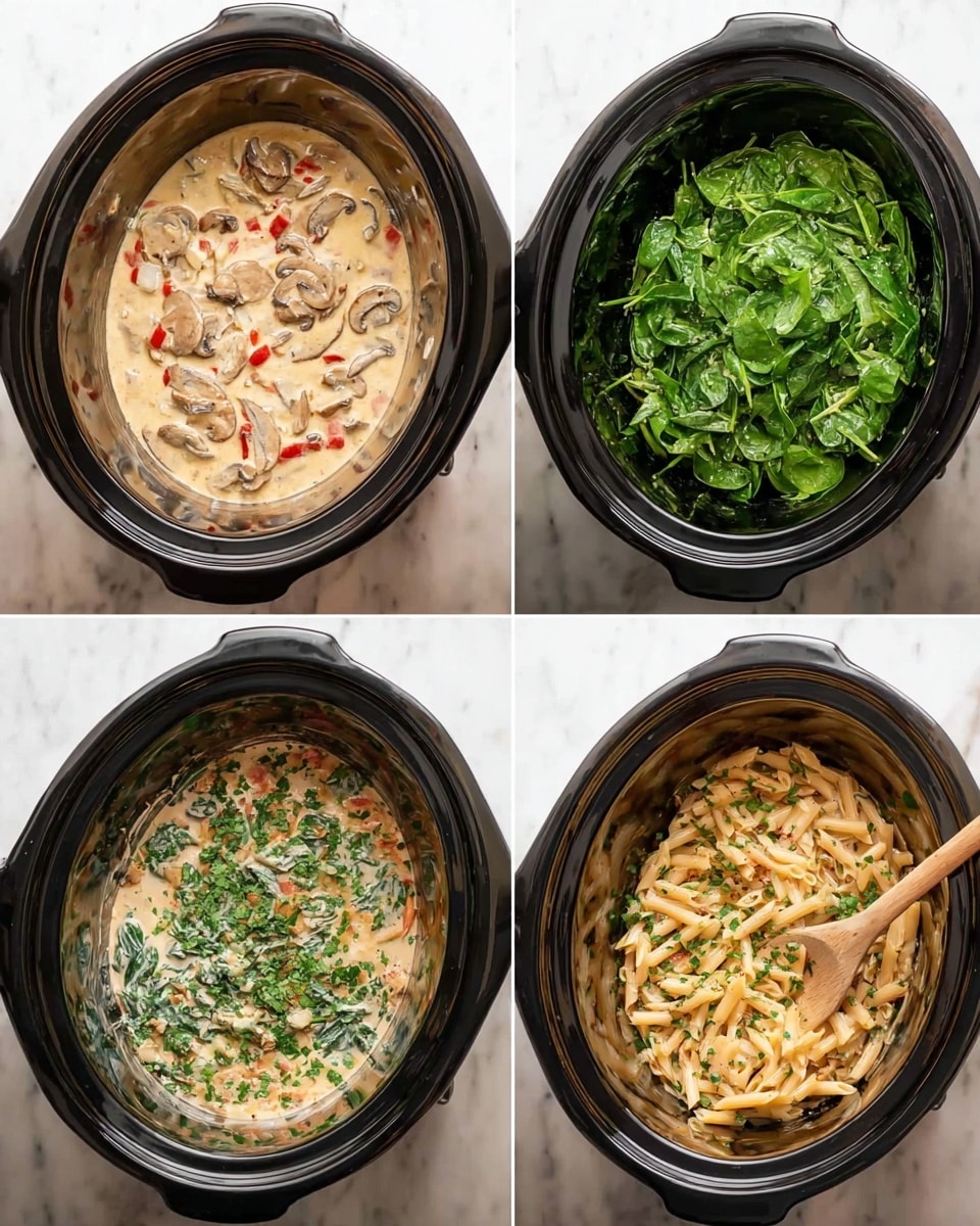 The image series shows the making of a creamy pasta dish in a black slow cooker on a white marbled surface. In the first image, the slow cooker is filled with a creamy mixture with visible slices of mushrooms and small pieces of red pepper, all in a light beige sauce. The second image shows a large layer of fresh green spinach leaves and chopped herbs added on top, fully covering the creamy base underneath. The third image reveals the spinach wilted and mixed in, with the sauce thickened and now sprinkled with finely chopped green herbs like parsley. The last image shows cooked penne pasta mixed in, coated with the creamy sauce and bits of spinach and herbs, with a wooden spoon stirring it gently inside the slow cooker. Photo taken with an iphone --ar 4:5 --v 7