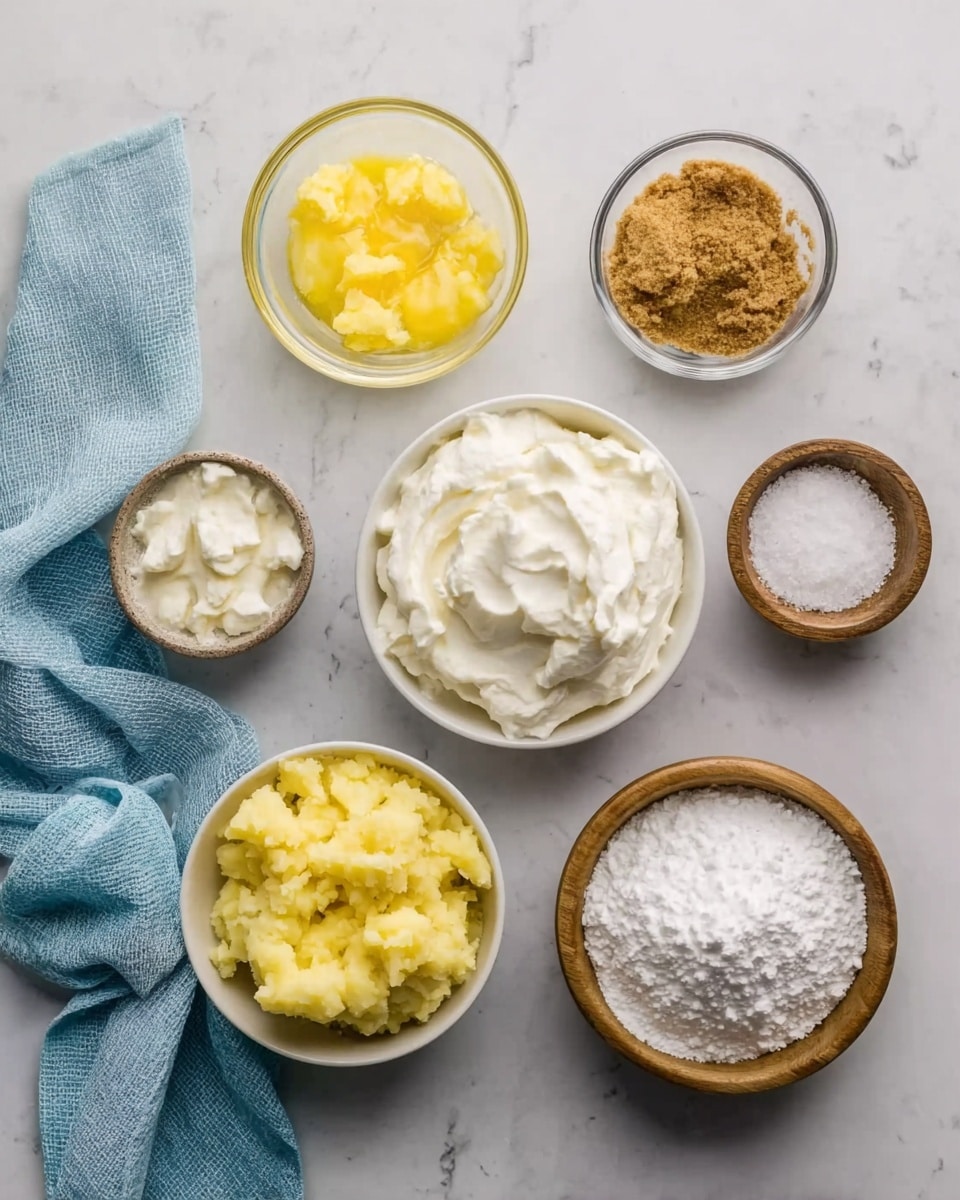 The image shows seven small bowls placed on a white marbled surface. The top row has three bowls: from left to right, a clear bowl with yellow melted butter, a clear bowl with brown sugar, and a white bowl filled with a thick, white creamy substance. The middle row has three bowls: on the left, a white bowl with mashed yellow potatoes, in the center, a clear bowl with white salt, and on the right, a small wooden bowl filled with white powdered sugar. At the bottom row in the middle, there is a white bowl with another thick white creamy ingredient. A light blue cloth is placed on the upper left side. The setup is well lit and neatly arranged. Photo taken with an iphone --ar 4:5 --v 7