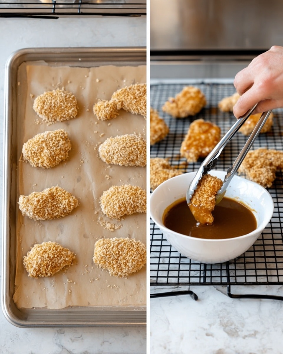 The left side shows a baking tray lined with light brown parchment paper on a white marbled surface, holding 12 pieces of raw chicken meat covered evenly with a pale beige crumb coating arranged in 3 rows and 4 columns. The right side shows a white bowl filled halfway with brown sauce on a wire baking rack above a white marbled surface, with a woman's hand using silver tongs to dip one crumbed chicken piece halfway into the sauce; behind the bowl, the wire rack holds several pieces of chicken coated in shiny brown sauce, all against an out-of-focus stainless steel background. Photo taken with an iphone --ar 4:5 --v 7