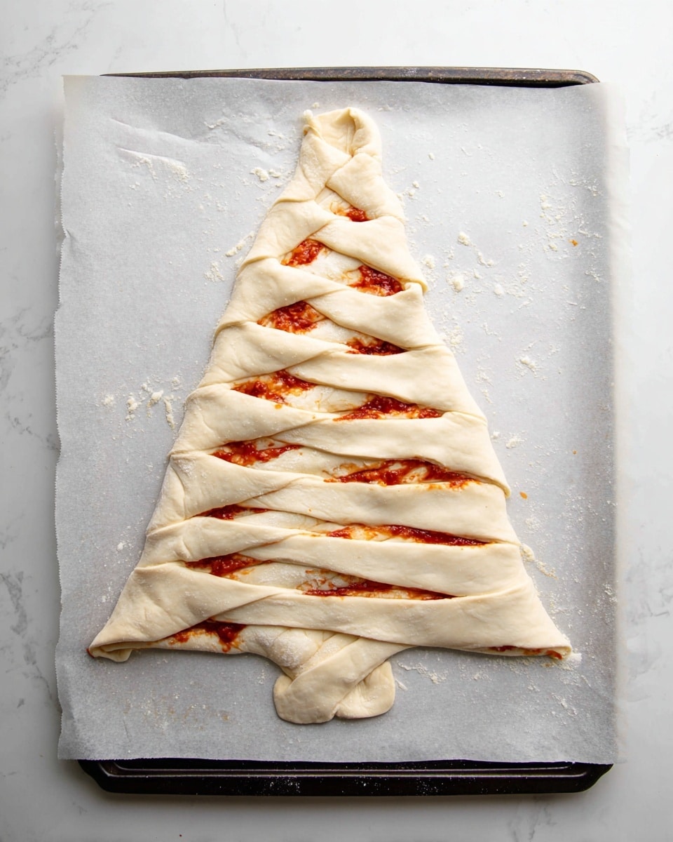 A raw dough shaped like a Christmas tree lays flat on white parchment paper, which is on a dark baking tray. The dough is folded in layers to create the tree shape with a center spine, and sections on each side twisted to expose a red sauce and some melted cheese underneath. The dough is pale with a smooth texture, and the red sauce seen in the twisted parts adds a bright contrast. The twists create multiple layers showing alternating folds of dough and sauce, textured with little cheese pieces peeking through. The whole setup is placed on a white marbled surface. photo taken with an iphone --ar 4:5 --v 7