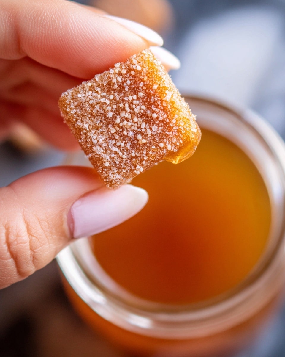 The image shows a close-up of a woman's hand holding a small square candy or treat coated in a mix of sugar crystals and spice powder. The candy is golden brown with a glossy part that looks sticky or shiny, with the sugar and spice granules clearly visible on top. In the background, there is a blurred white marbled surface and a glass jar filled with warm amber-colored liquid. The focus is sharp on the candy and the woman's fingers, making the texture of the sugar and spice stand out photo taken with an iphone --ar 4:5 --v 7