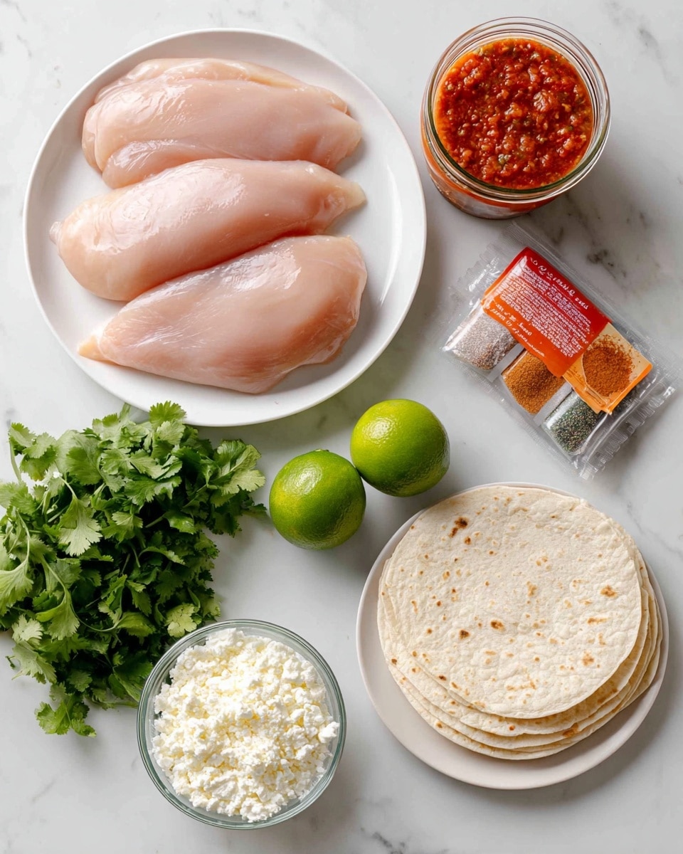 The image shows fresh raw chicken breasts placed on a white round plate positioned in the top left part of the frame, smooth and pale pink in color. To the right of the chicken, there is a small glass jar filled with bright red salsa topped with a black lid, and below it, a colorful packet of taco seasoning mix with red and orange shades. Below the chicken on the left side, there is a bunch of green cilantro with leafy texture. Next to it, two whole bright green limes sit close together in the center. Below the limes is a clear glass bowl filled with crumbly white cotija cheese. On the bottom right, a neat stack of soft white tortillas rests on a white plate. All items are arranged on a white marbled surface. Photo taken with an iphone --ar 4:5 --v 7
