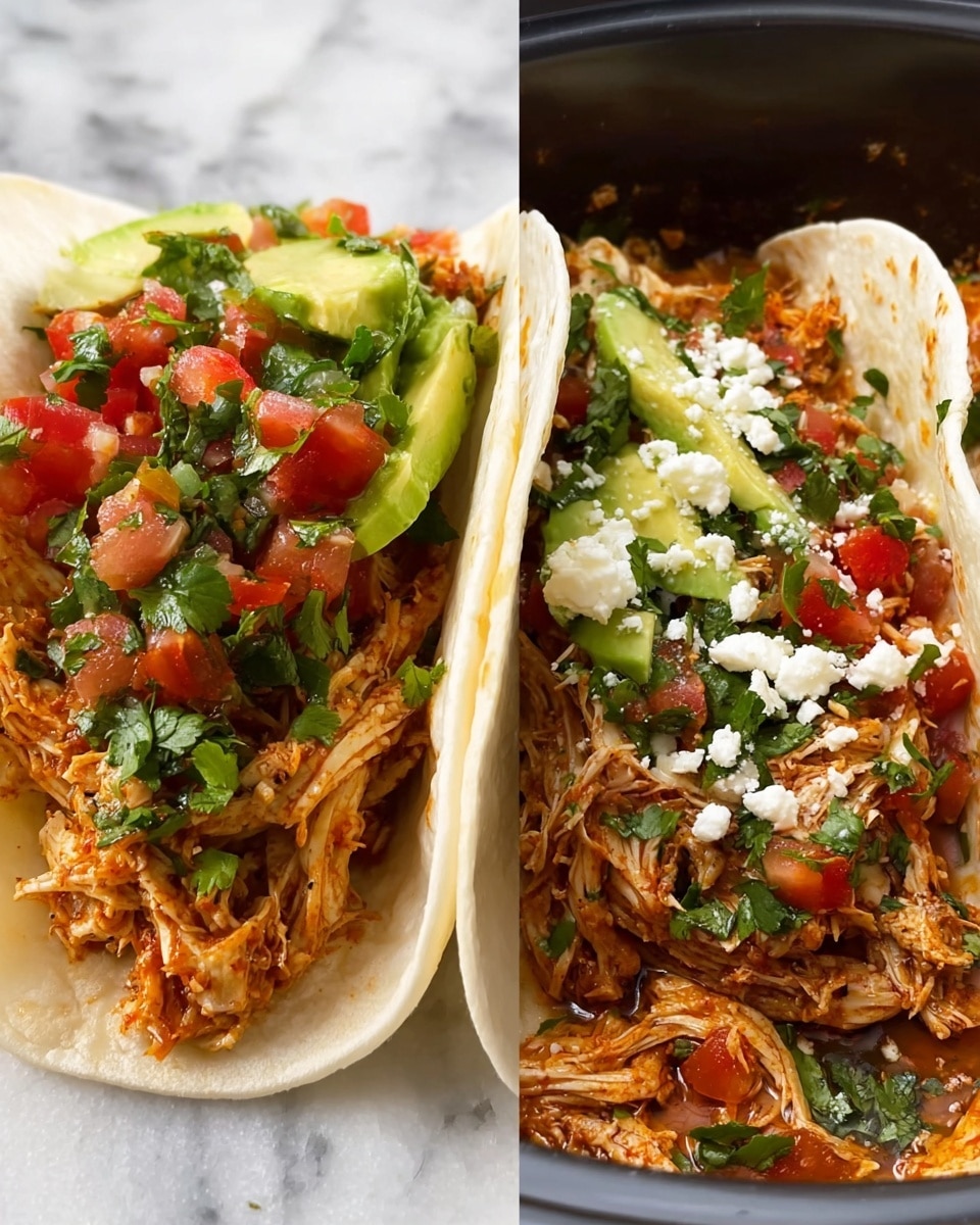 The image shows two soft white tortillas folded and filled with shredded orange-brown chicken meat as the base layer. On top of the chicken, there are small bright red diced tomato pieces mixed with green cilantro leaves that are finely chopped. Thin, light green slices of avocado lay inside the tortillas on one side, adding smoothness. White crumbly cheese is sprinkled in small amounts over the tomato and cilantro mix. The tacos rest on a white marbled surface. photo taken with an iphone --ar 4:5 --v 7