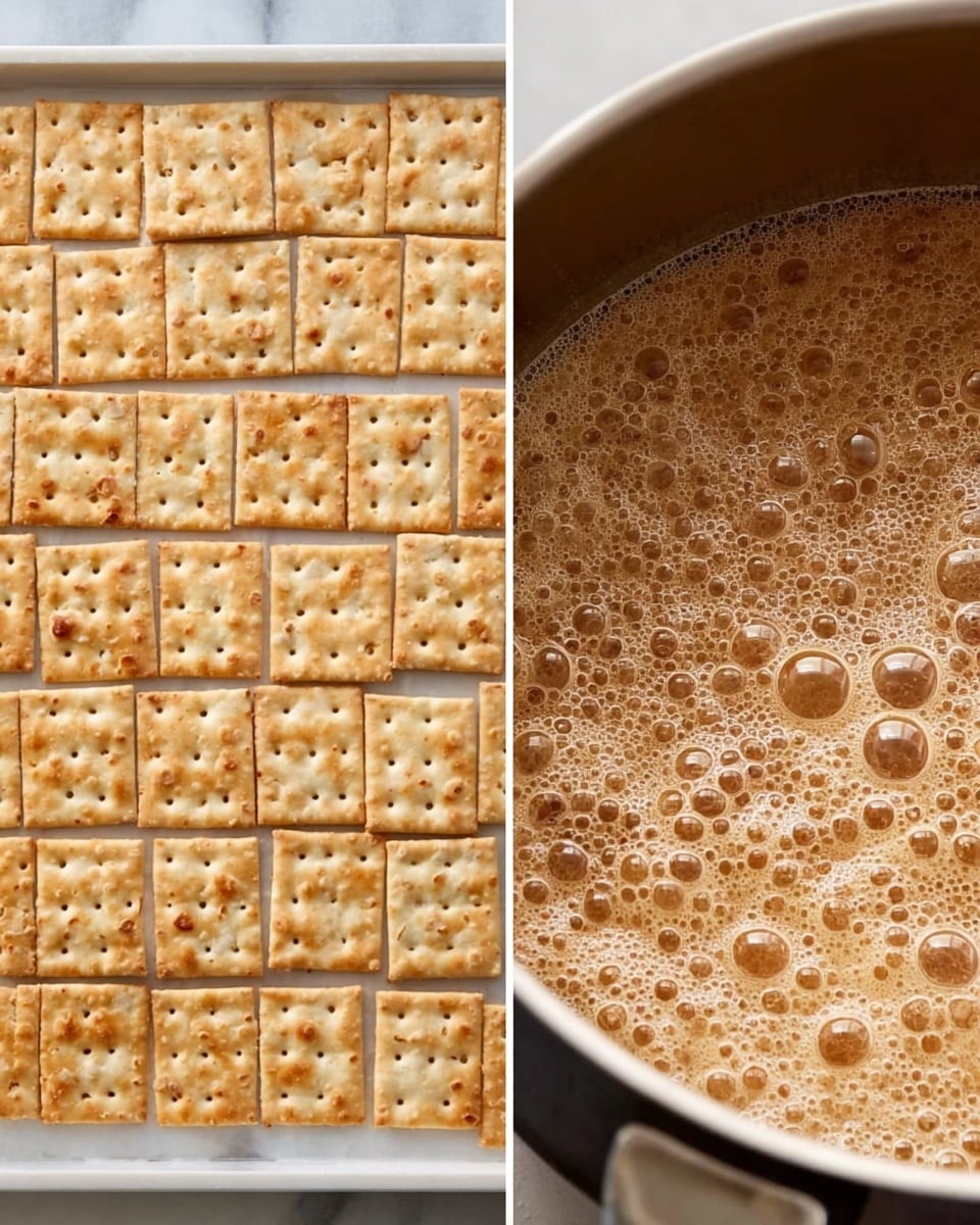 The image on the left shows a tray filled with a grid of square crackers, each cracker having small evenly spaced holes and a light golden-brown color with some darker toasted spots, all arranged neatly in rows on a smooth, white marbled surface. The image on the right shows a close-up of a pot filled with bubbling, light brown liquid foam with a textured surface, indicating it is cooking or boiling. photo taken with an iphone --ar 4:5 --v 7