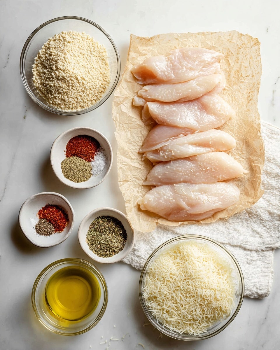 The image shows a white marbled surface with raw chicken fillets arranged in a slightly overlapping line on crumpled light brown paper on the right side. To the left of the chicken, there is a clear glass bowl filled with pale, coarse crumbs. Below it, a small white bowl contains golden-yellow oil. To the bottom left, three small white bowls hold different seasonings: one with salt and black pepper, one with a mix of red and beige spices, and one with dry green herbs. On the bottom right, a clear glass bowl filled with fine, off-white grated cheese rests partly on a white cloth. photo taken with an iphone --ar 4:5 --v 7